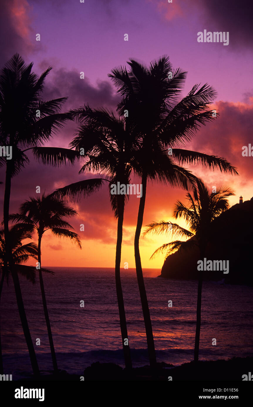 HAWAIIAN SUNRISE MIT MAKAPUU POINT LIGHTHOUSE HAWAII Stockfoto