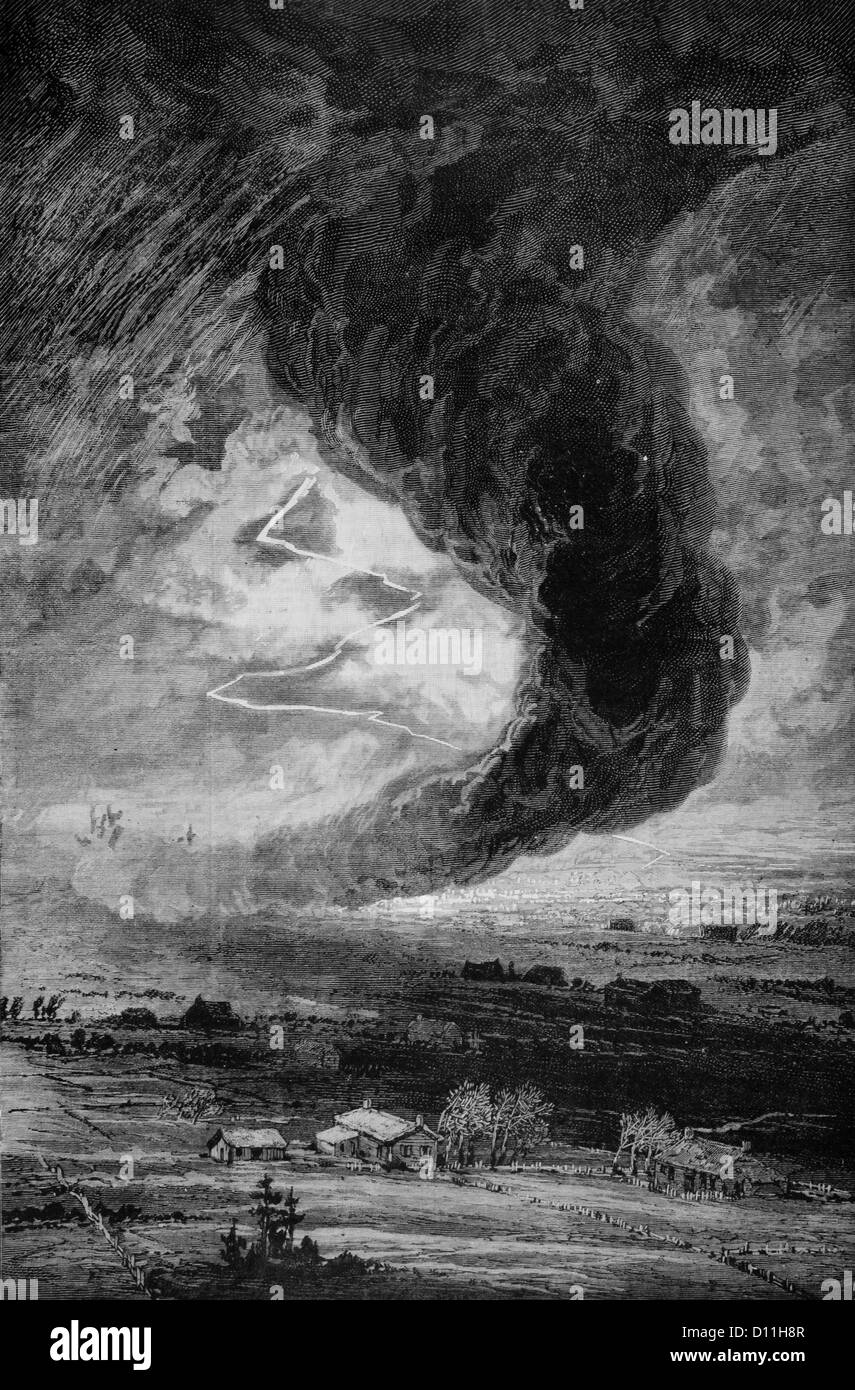 1880S 1882 ILLUSTRATION ZYKLON ÜBER ACKERLAND KANSAS GEWITTER Stockfoto