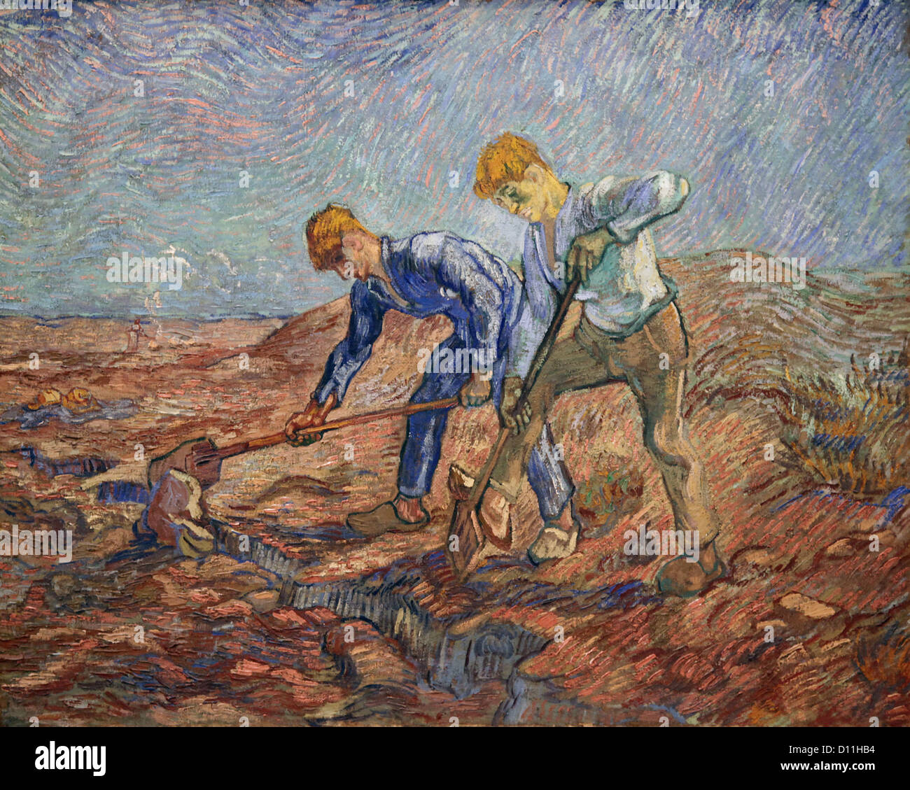 Zwei Bauern graben (1889) von Vincent van Gogh. Nach Jean-Francois Millet. Öl auf Leinwand, Saint-Rémy-de-Provence. Postimpressionistisches Meisterwerk. Stockfoto