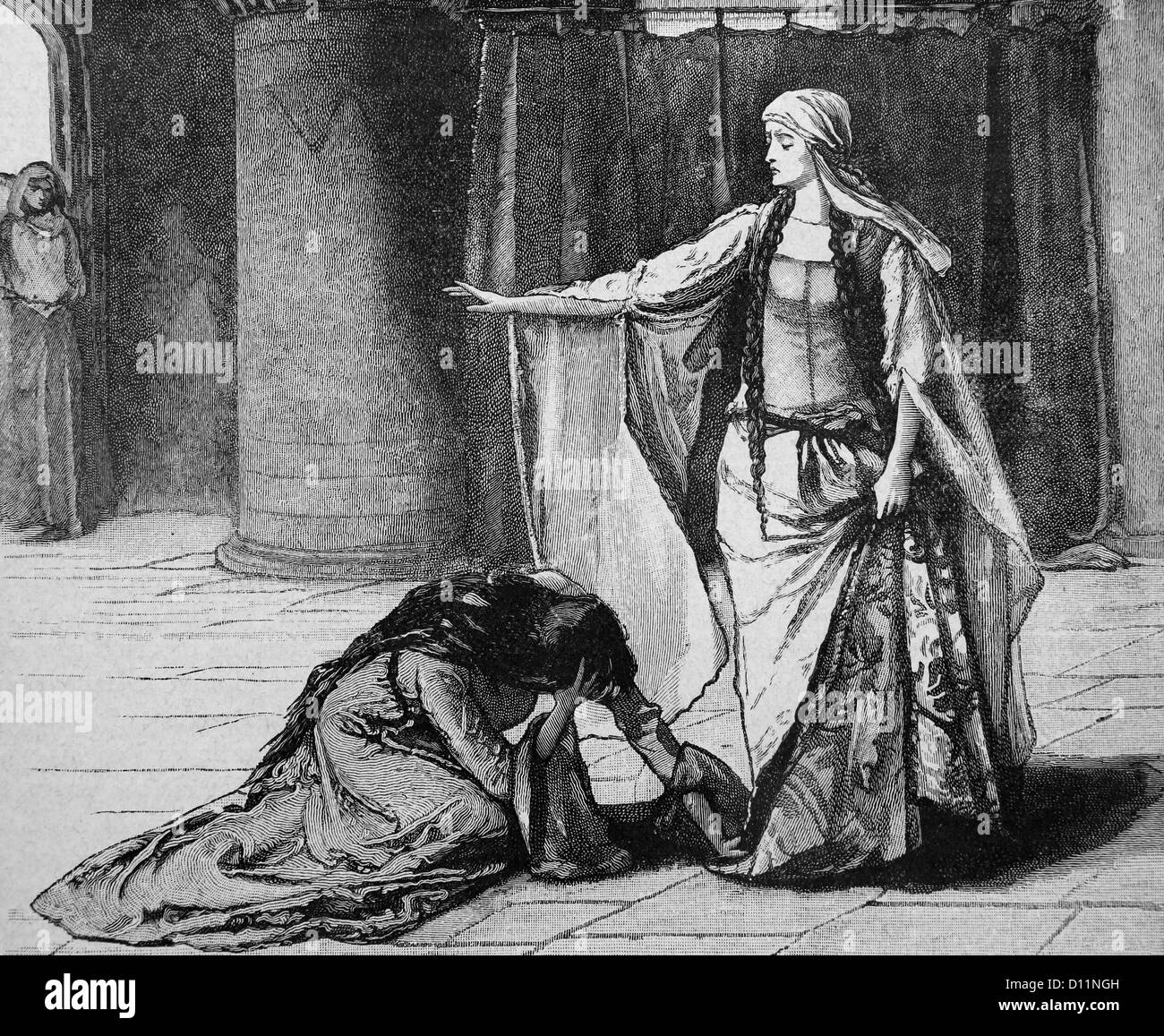 Illustration des Königin-Maud-Ehefrau von König Stephan von Blois betteln Kaiserin Matilda für ihren Ehemann zu Liberty wiederhergestellt werden Stockfoto