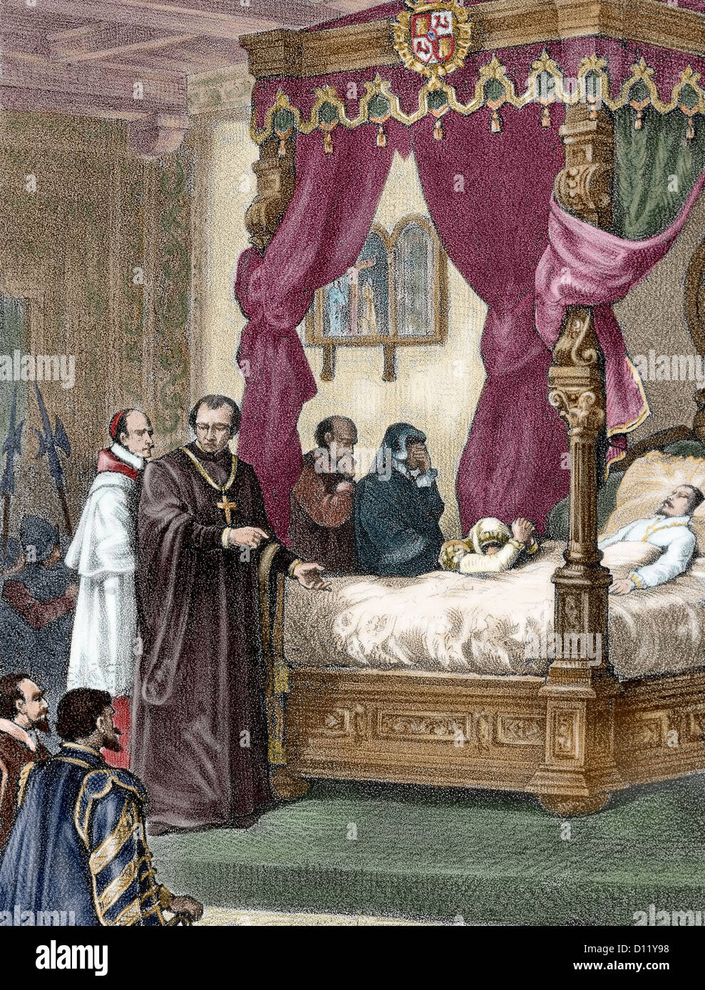 Tod des spanischen Königs Karl II. (1665-1700). Farbige Gravur. Stockfoto