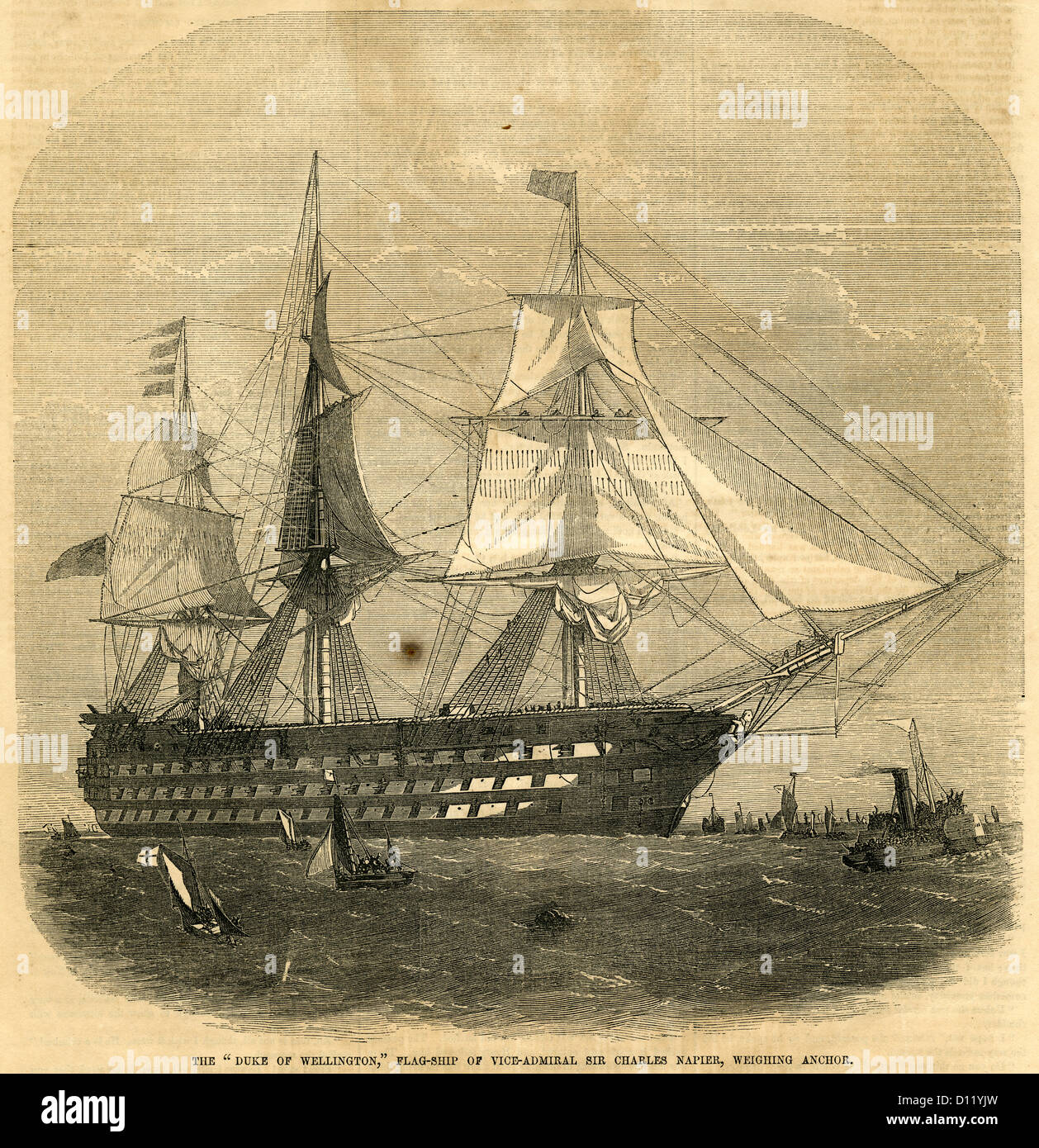 1854-Gravur, The Duke of Wellington, Flaggschiff von Vizeadmiral Sir Charles Napier, mit einem Gewicht von Anker. Stockfoto