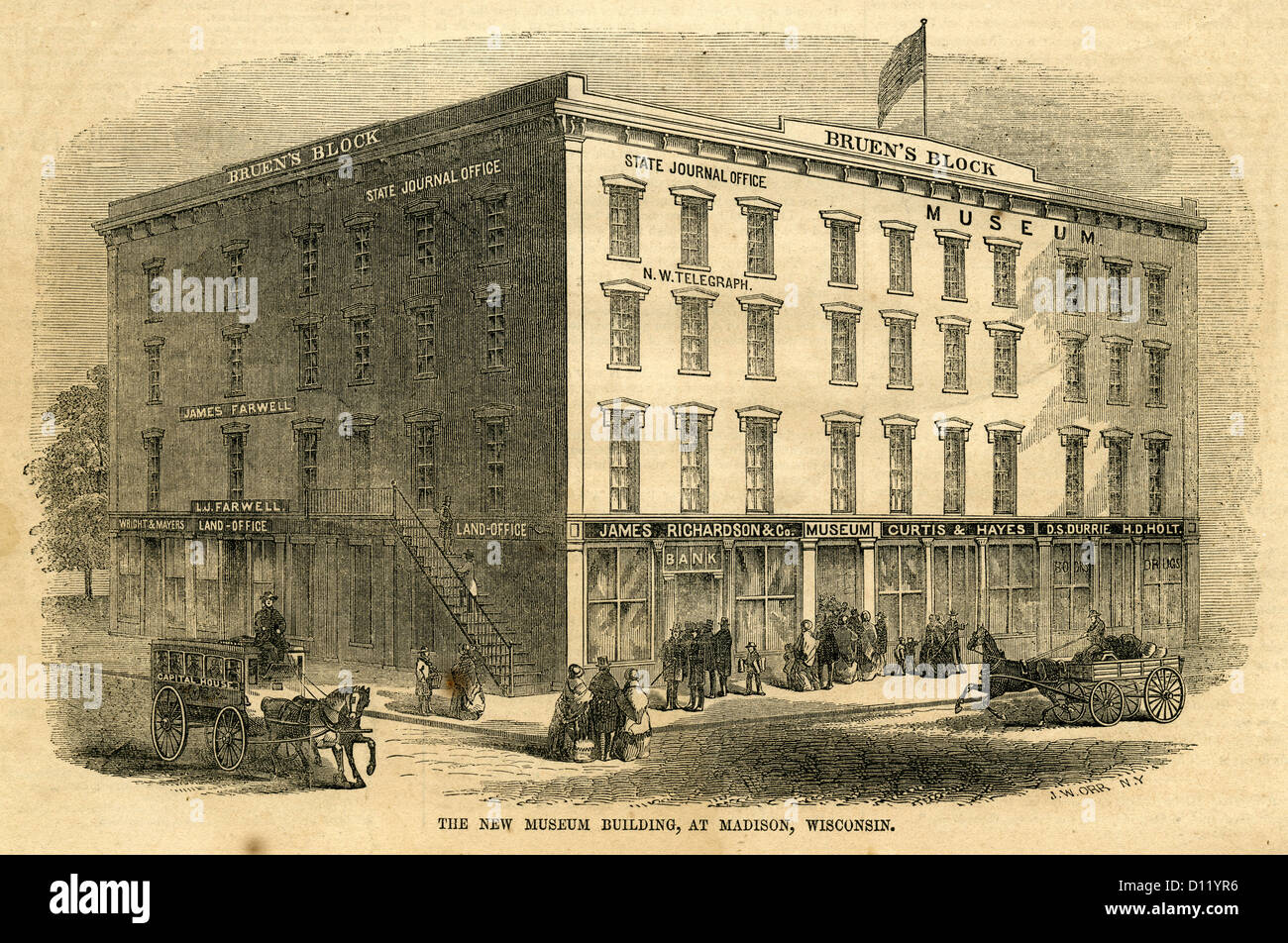 1854-Gravur, das neue Museumsgebäude in Madison, Wisconsin. Stockfoto
