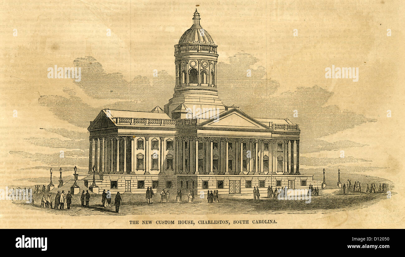 1854 Gravur, die neue Custom House, Charleston, South Carolina. Stockfoto