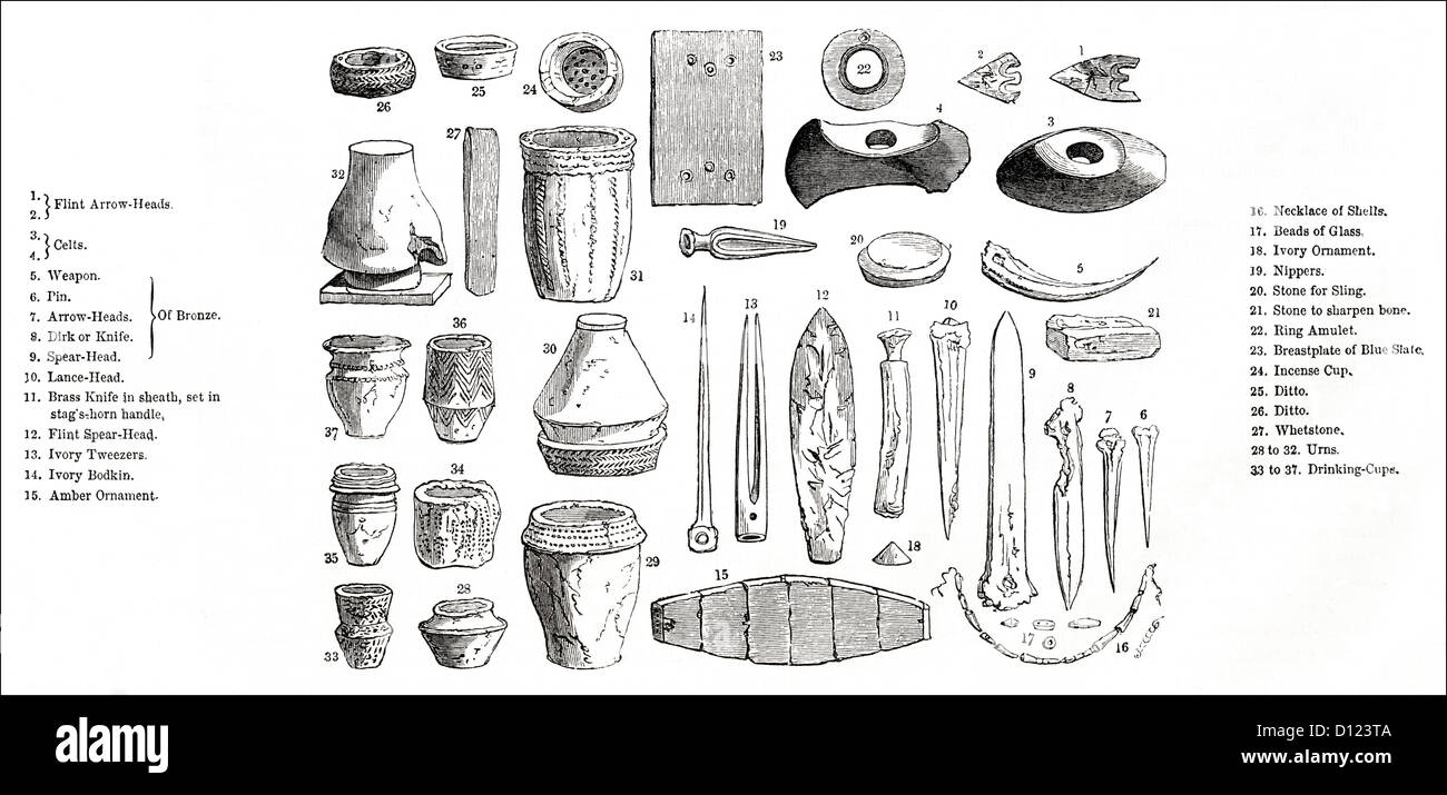 Bronzezeit Werkzeuge, Waffen und Töpferei in England gefunden. Viktorianischen Holzschnitt, Kupferstich, ca. 1845 Stockfoto