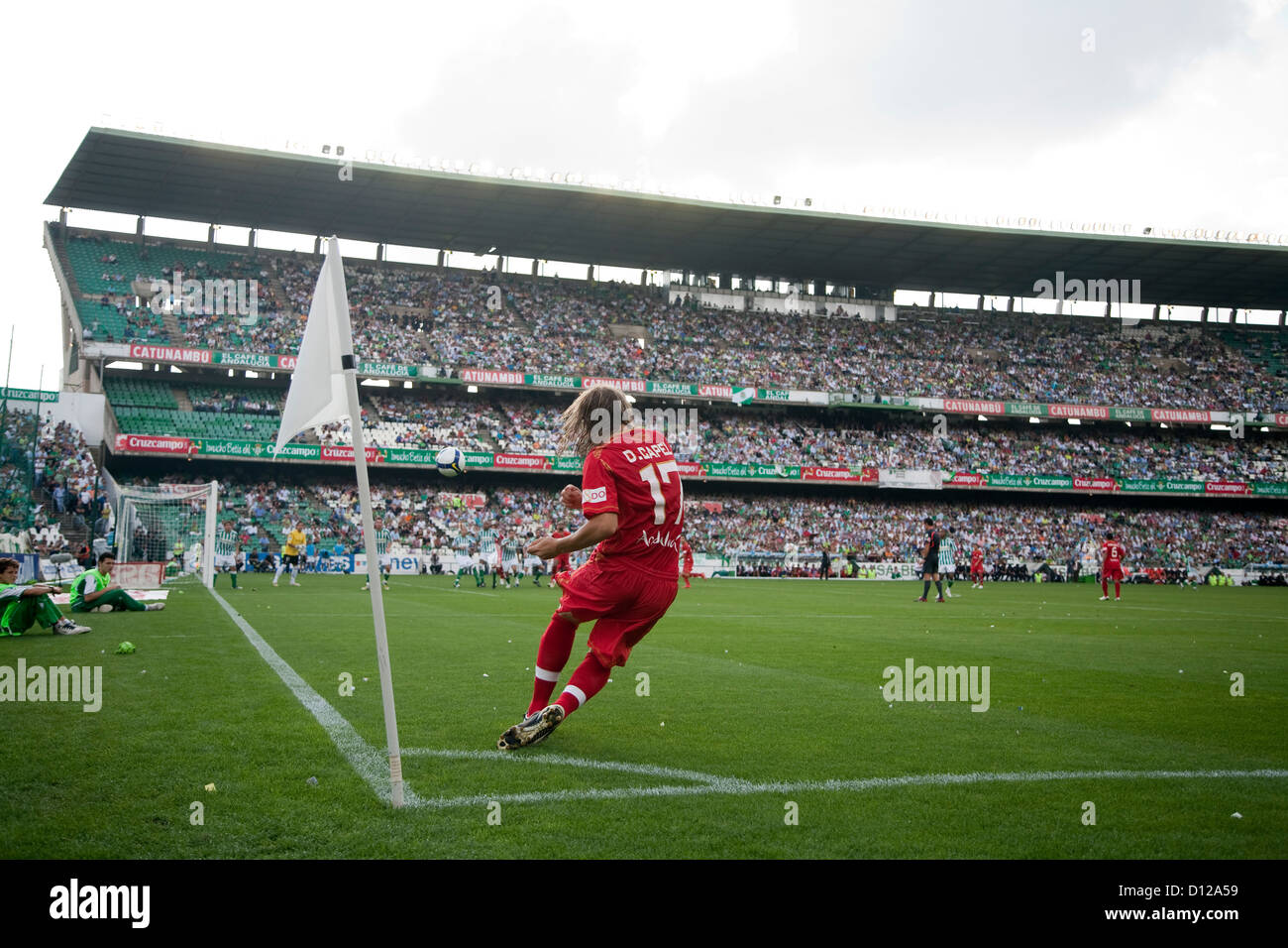 Sevilla, Spanien, eine Ecke eines Fußballspielers Stockfoto