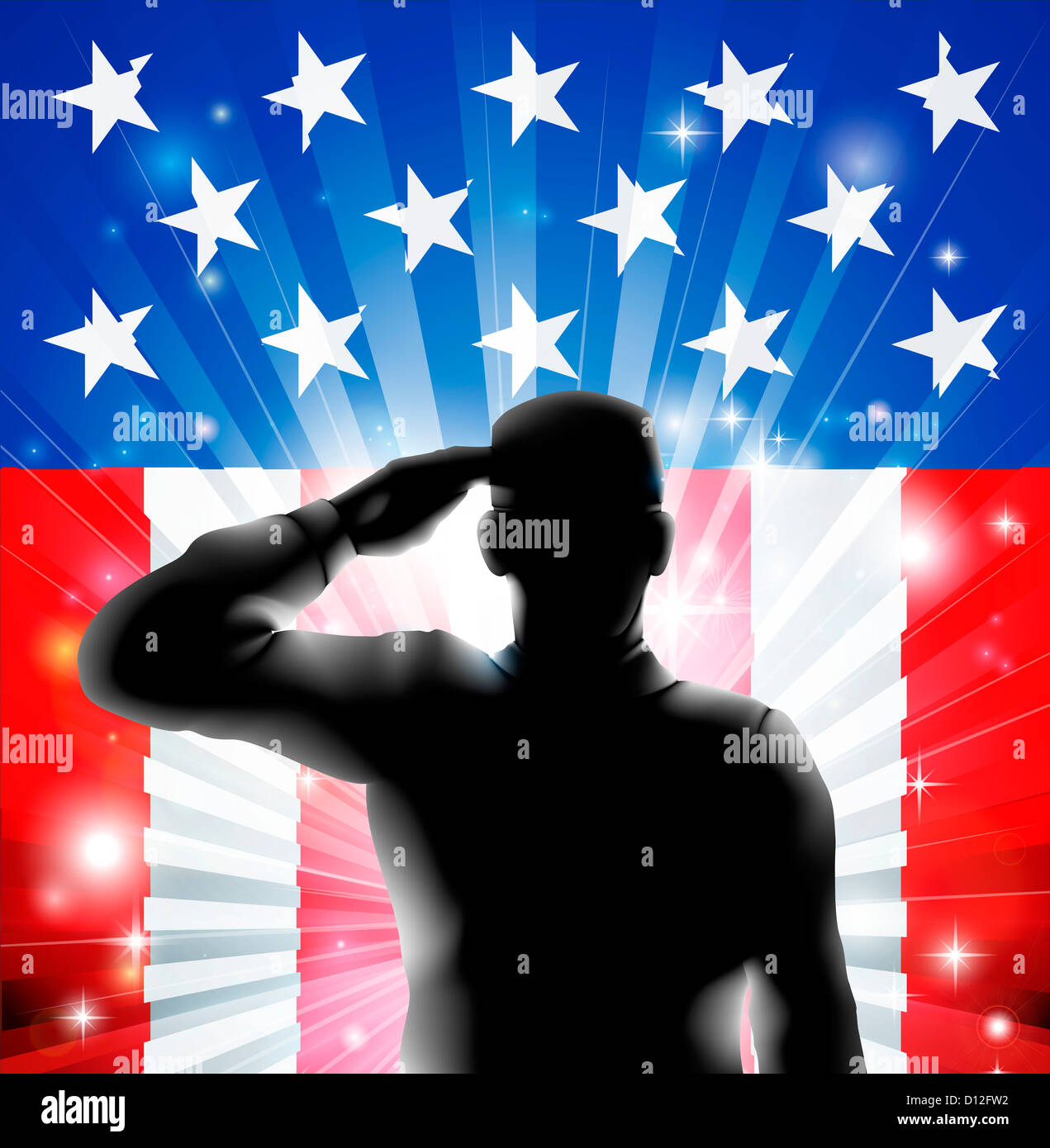 Amerikanische uns militärische Soldat in der Silhouette in uniform salutieren vor einer amerikanischen Flagge Hintergrund. Stockfoto