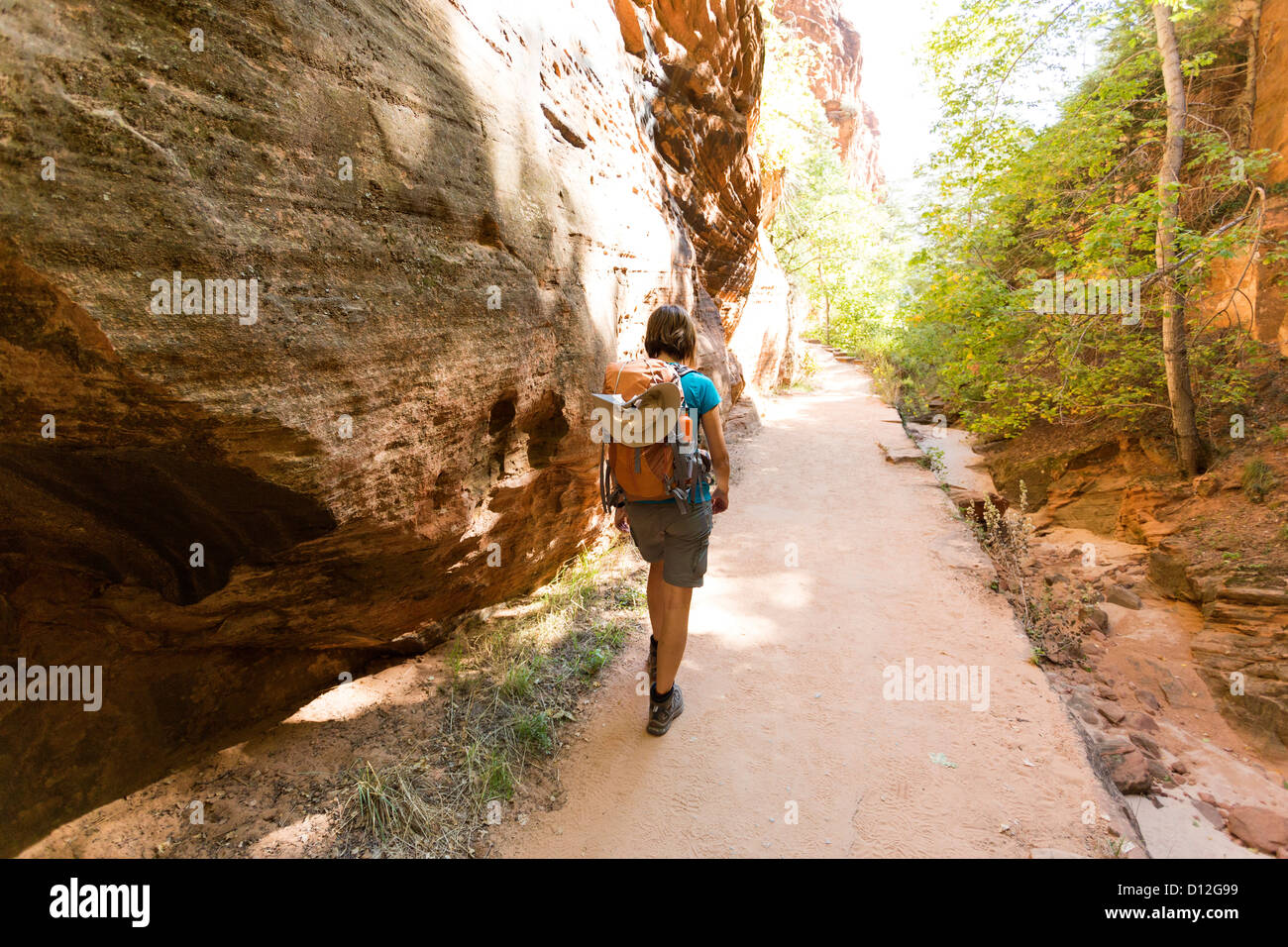 Junge Frau, die Angel Landing Wanderweg im Zion National Park Stockfoto