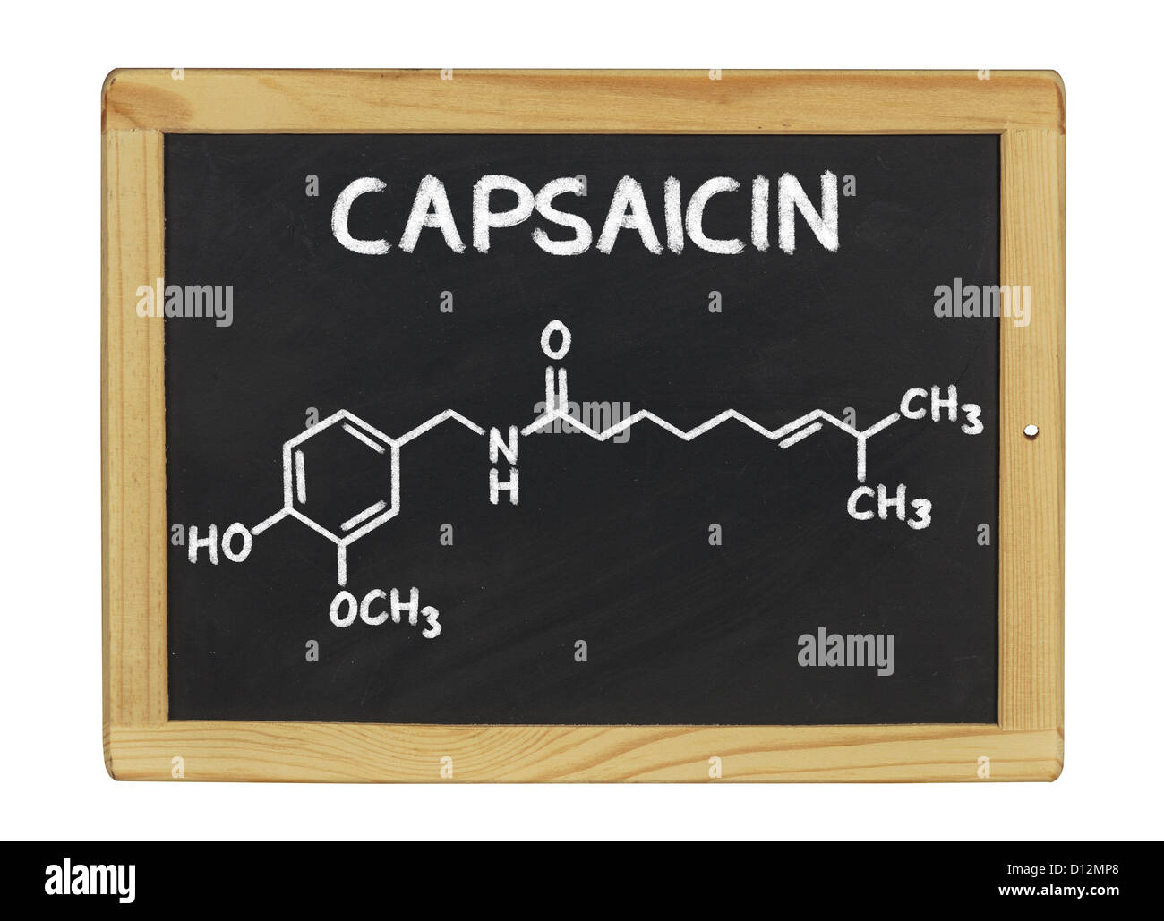 chemische Formel des Capsaicine auf einer Tafel Stockfoto
