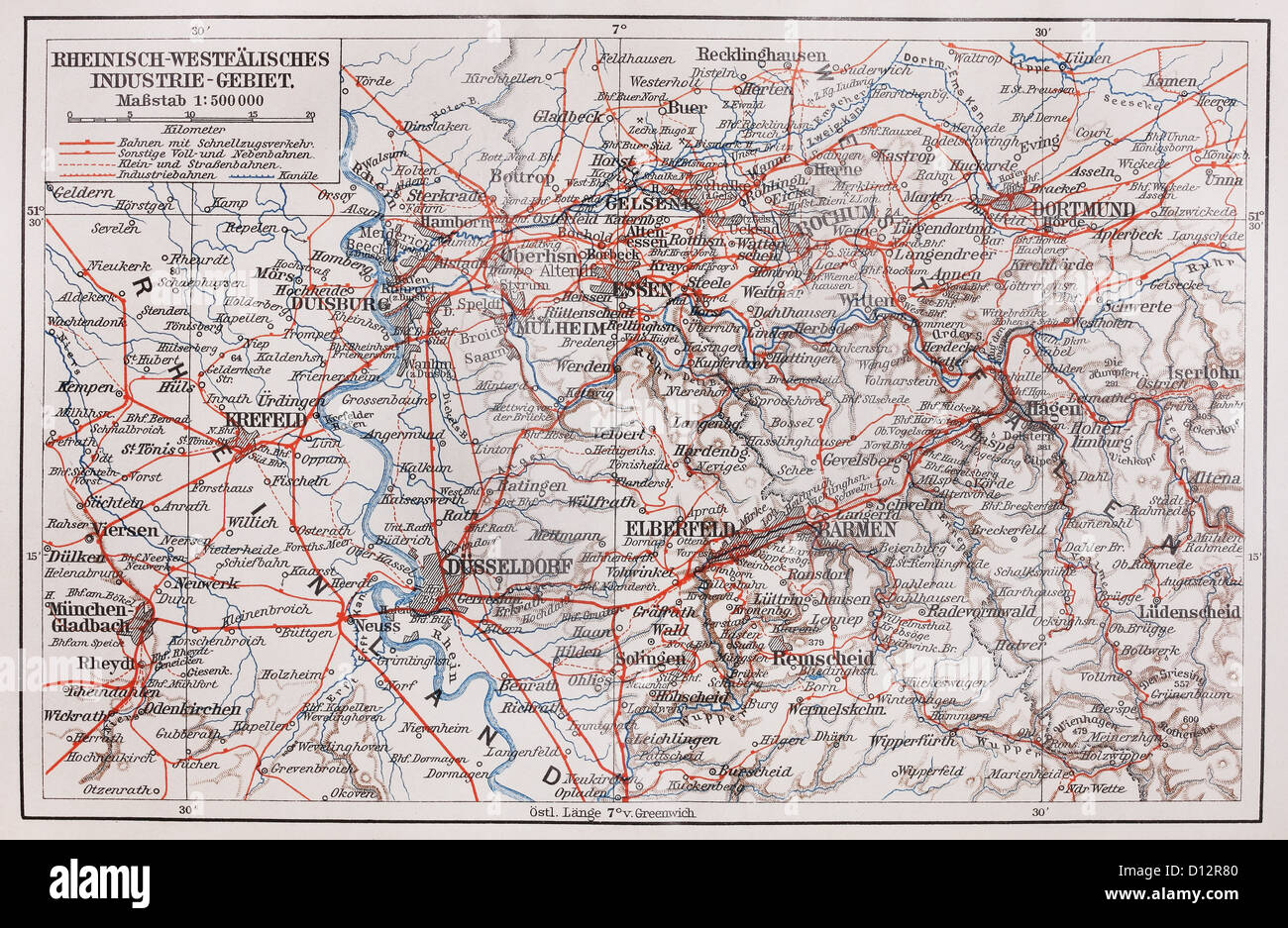 Vintage Karte des Rheinisch-Westfälischen Industriegebiets Stockfoto
