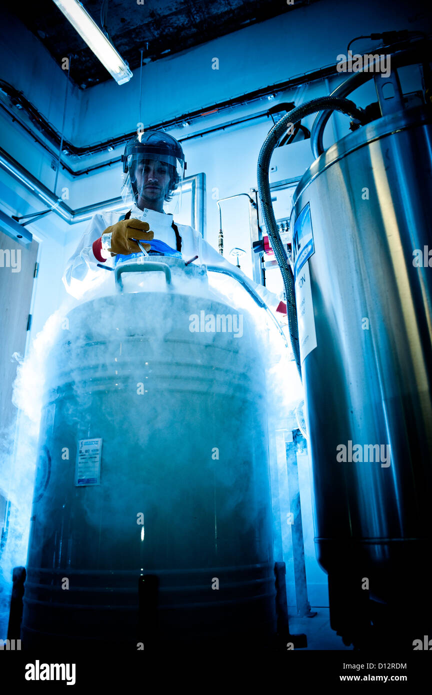 Wissenschaftler überträgt flüssigen Stickstoff aus einem Container in einen anderen Wissenschaft Labor Abstellraum Stockfoto