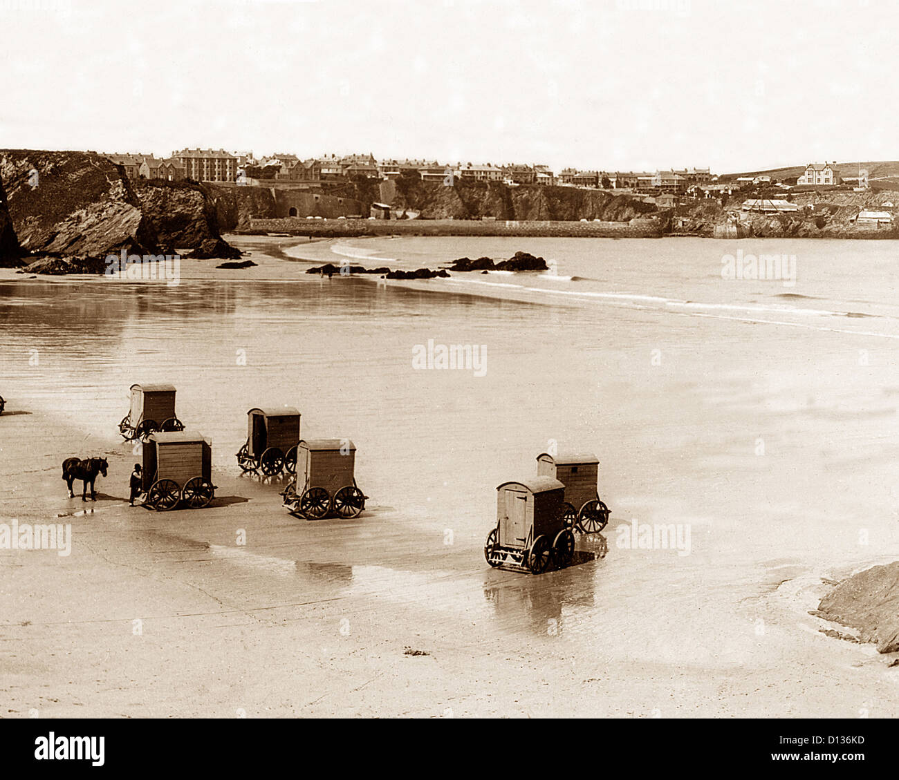 Newquay Strand und Badekarren viktorianischen Zeit Stockfoto