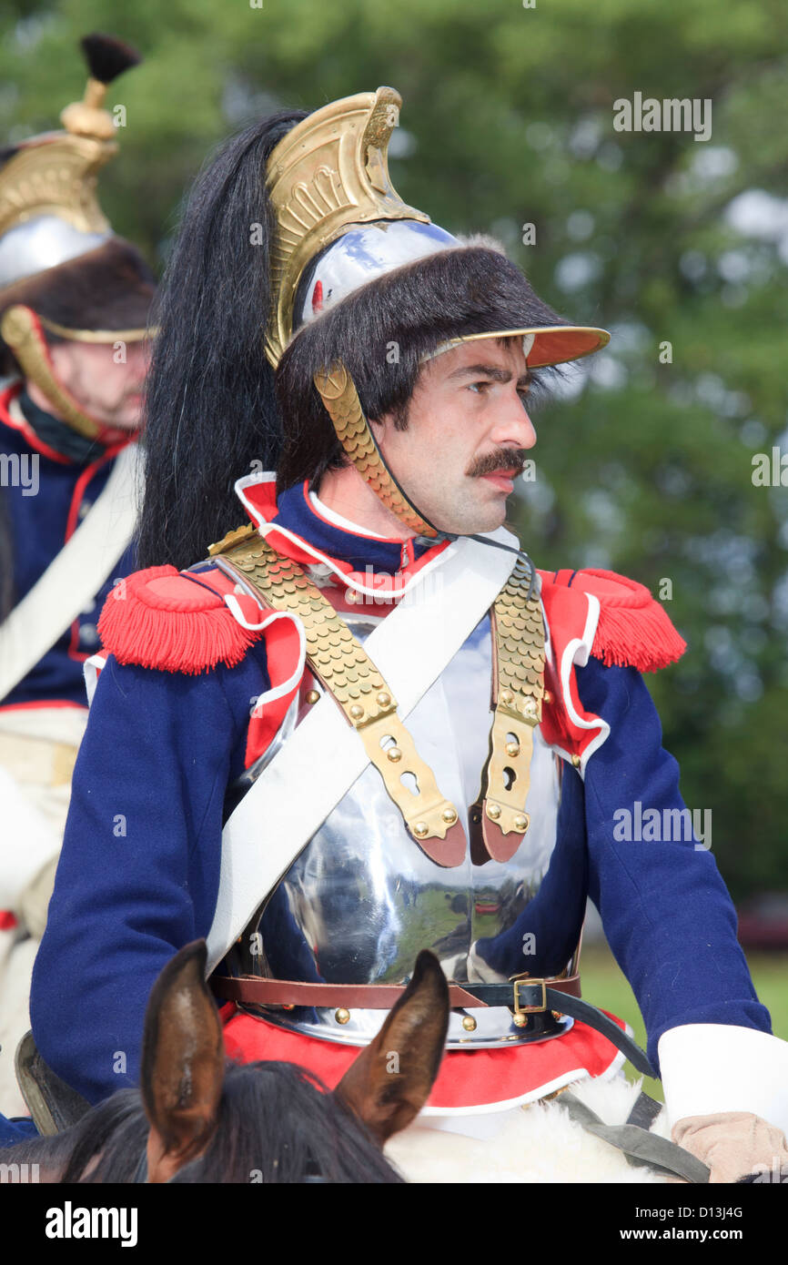 Französisch montiert Kavallerie-Soldaten (Kürassiere) in Borodino, Russland Stockfoto