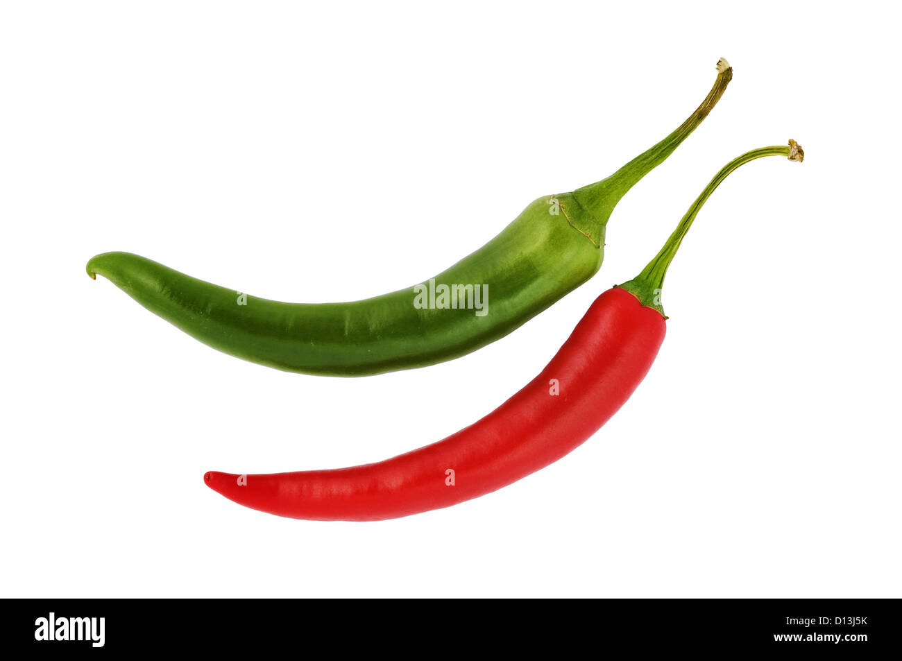 rot und grün hot Chili Peppers auf weiß Stockfoto