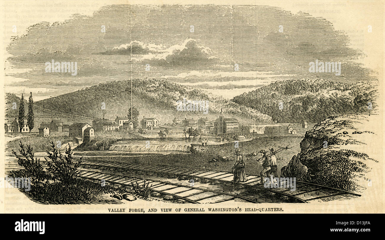 1854-Gravur, Senke-Schmiede und Ansicht von General Washington Stammsitz. Stockfoto