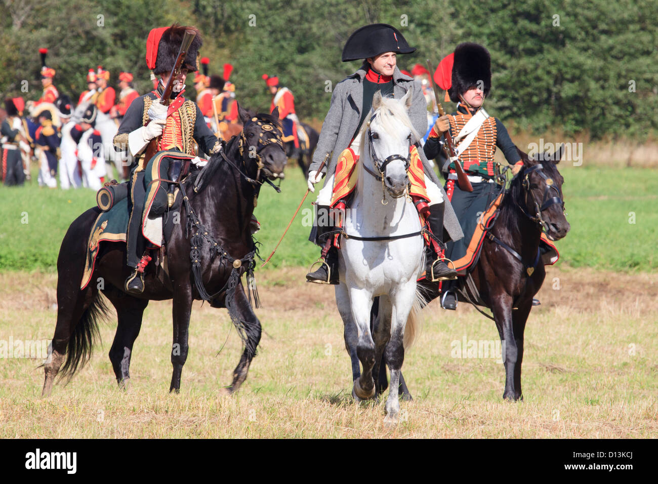 Napoleon Bonaparte, eskortiert von Pferd Chasseurs der kaiserlichen Garde in der Schlacht von Borodino, Russland Stockfoto