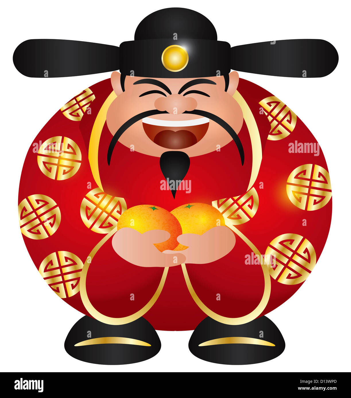 Happy Chinese Lunar New Year Wohlstand Geld Gott mit Mandarinen-Illustration, Isolated on White Background Stockfoto
