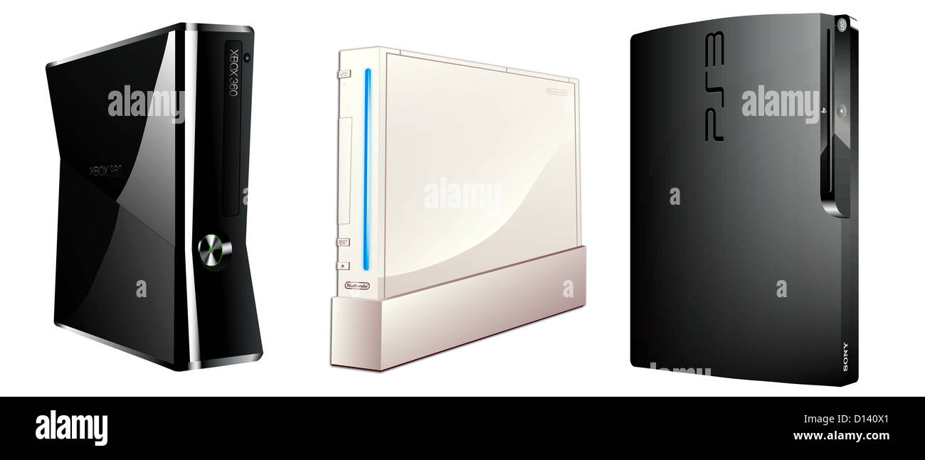 Gaming-Konsole Konkurrenten Marktvergleich - Sony PS3, Nintendo Wii und Microsoft XBox 360 Stockfoto