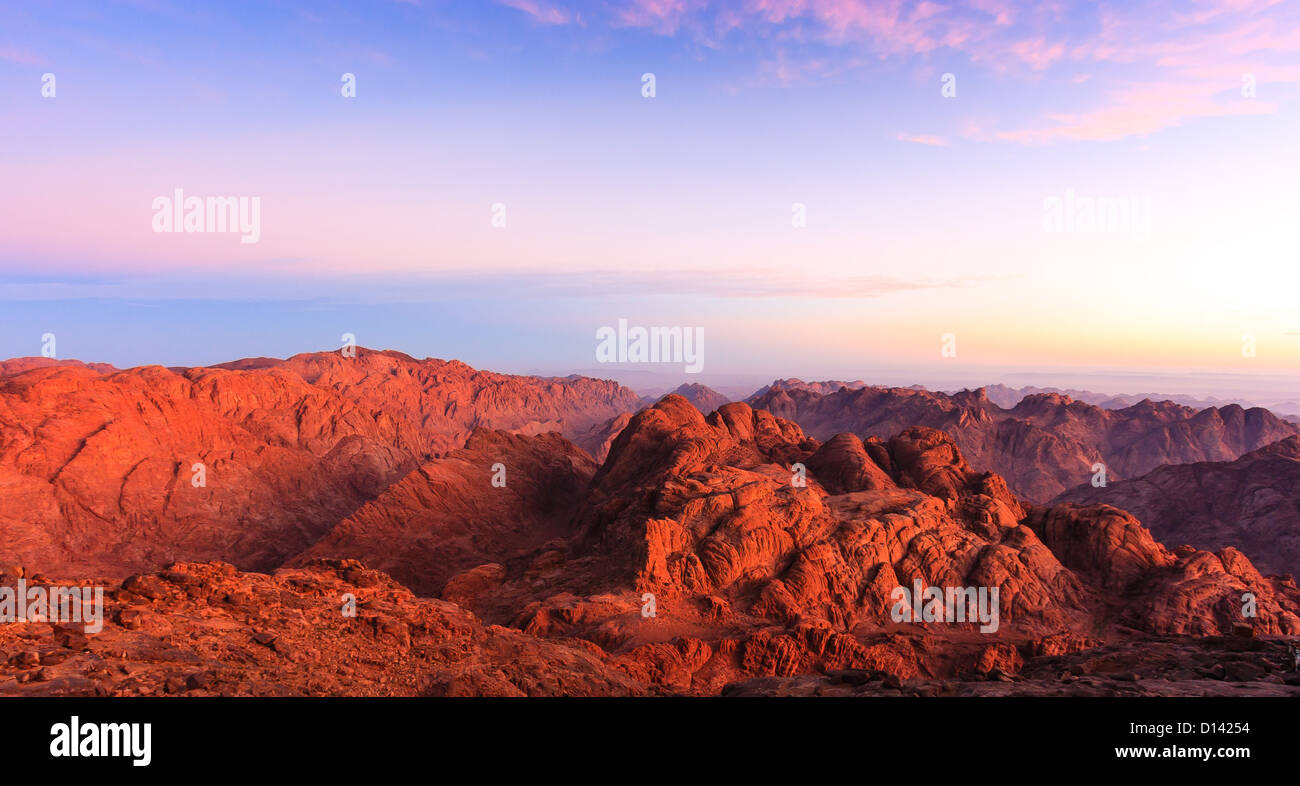Wüste Berge Glühen hell rot und rosa bei Sonnenaufgang auf dem Gipfel des Mount Sinai Stockfoto