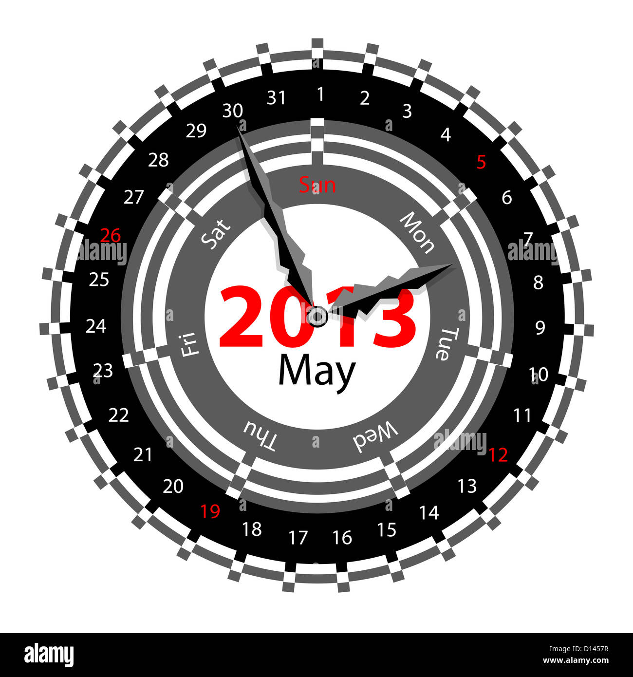 Kreative Idee des Designs einer Uhr mit kreisförmigen Kalender für das Jahr 2013. Pfeile zeigen den Tag der Woche und des Datums. Mai Stockfoto