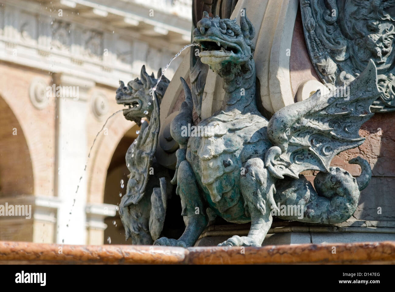 Drachendetail der Fontana Maggiore auf der Piazza della Madonna, Loreto, Italien Stockfoto