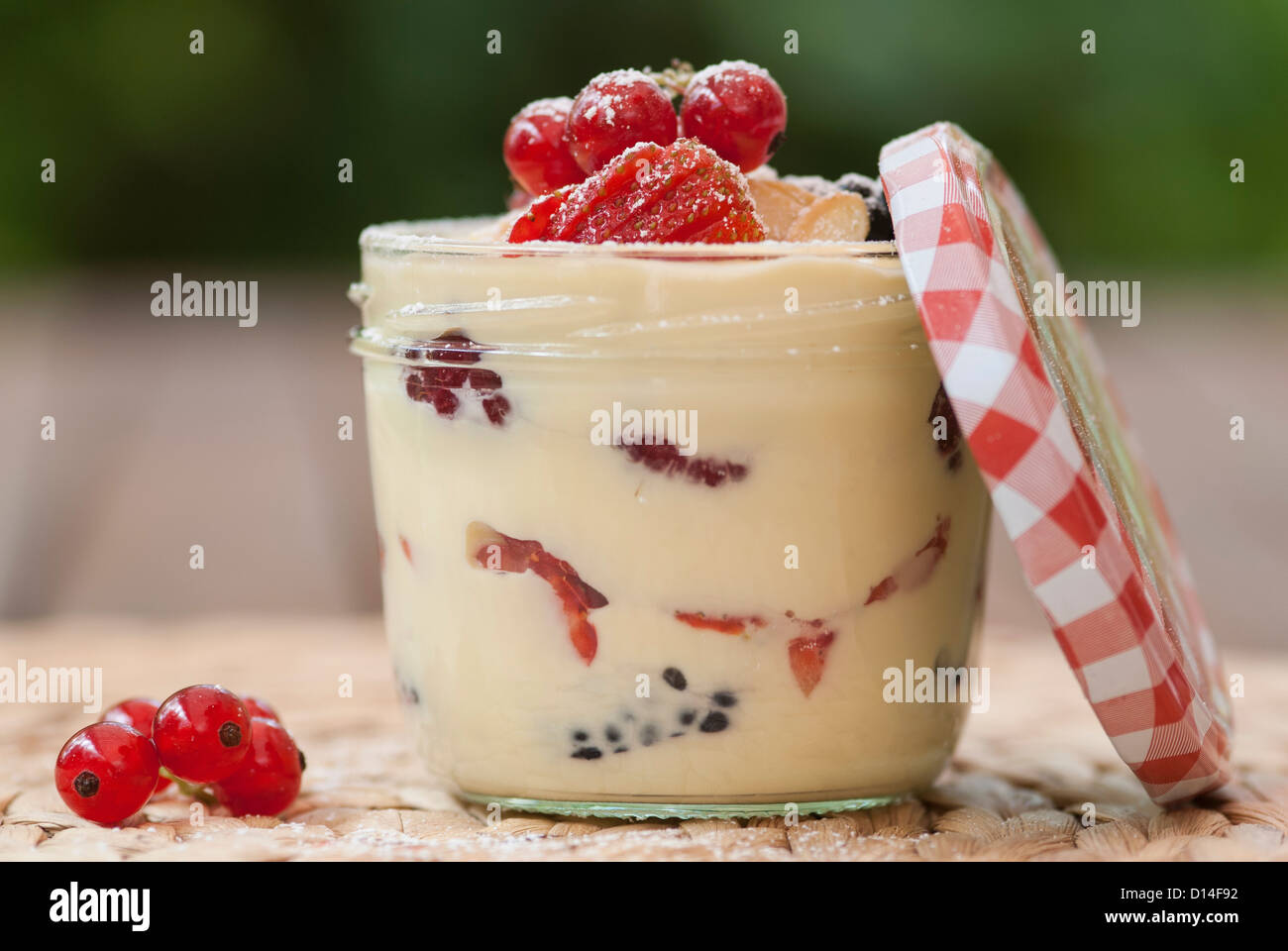 Topf mit Vanillepudding mit Früchten Stockfoto