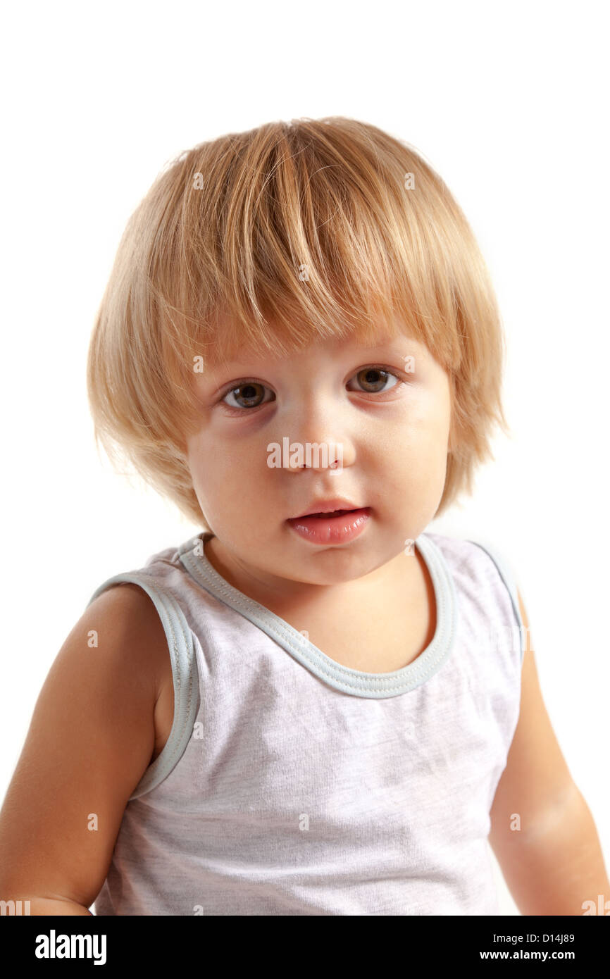 Porträt von niedlichen kleinen Jungen, isoliert auf weißem Hintergrund Stockfoto