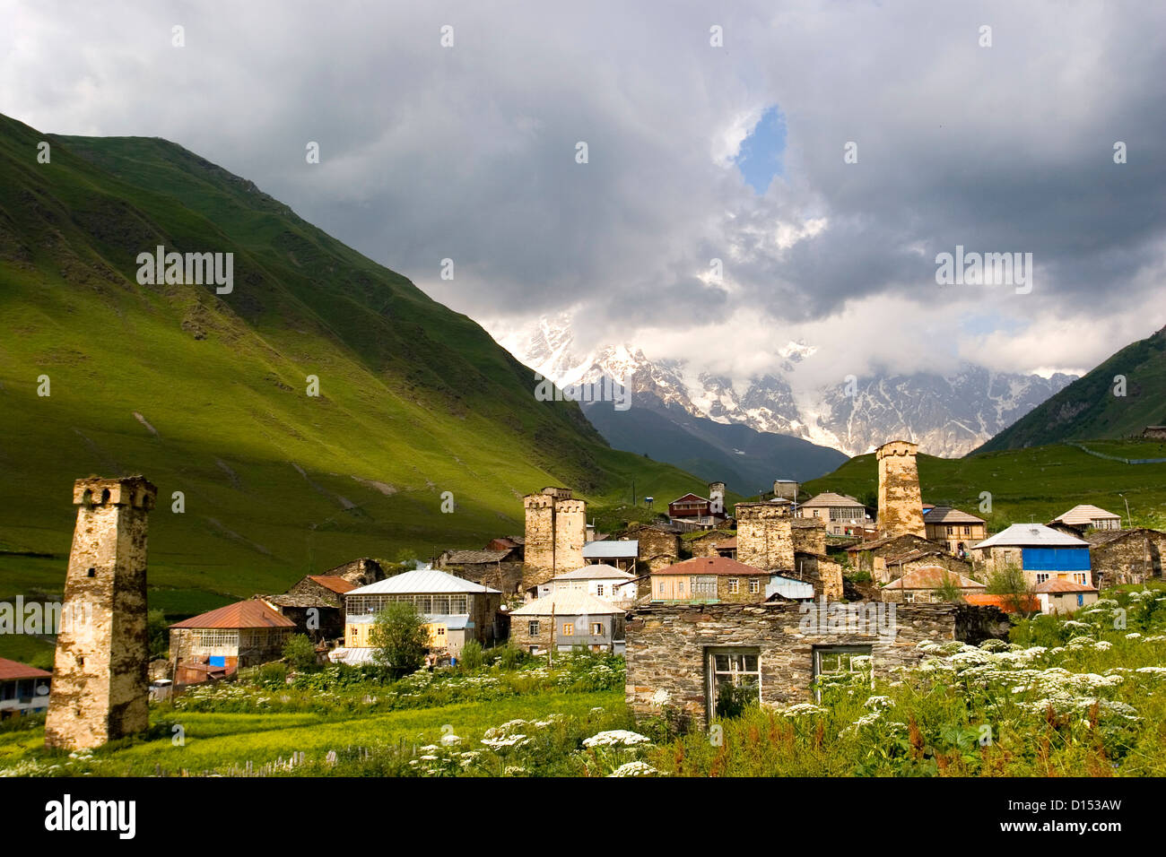 altes Dorf von Ushguli, UNESCO Welt Kulturerbe Anblick, Svanetia, Georgien Stockfoto