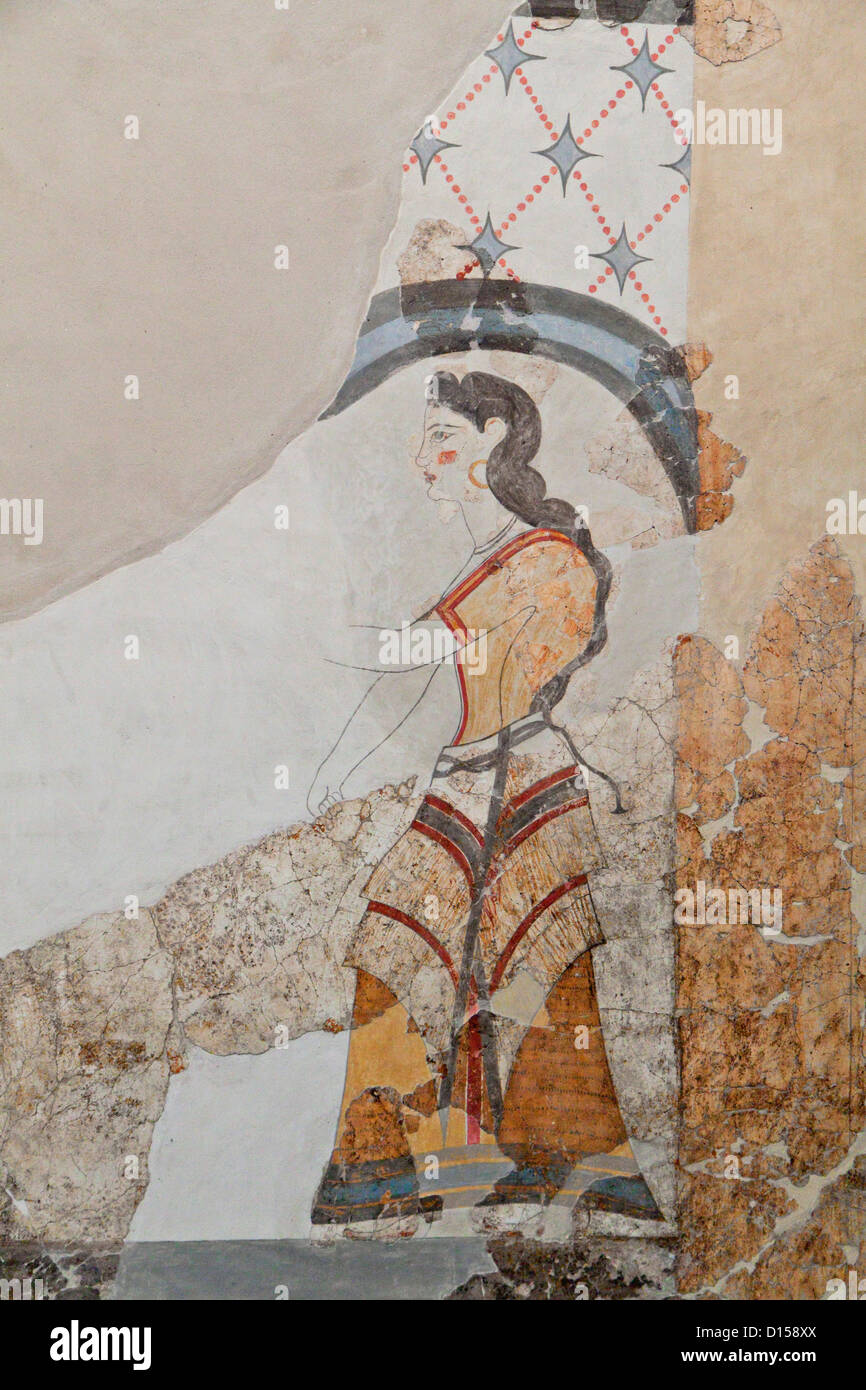 Siedlung Akrotiri auf Santorin in Griechenland. Detail des Hauses Wand Fresken. Stockfoto