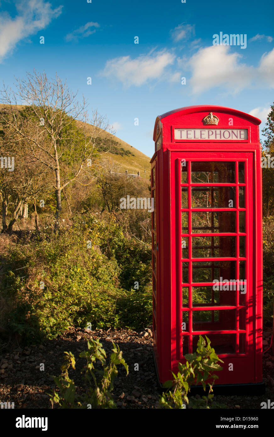 Einem entfernten britischen Roten Telefon box in der Cheviots, Stockfoto