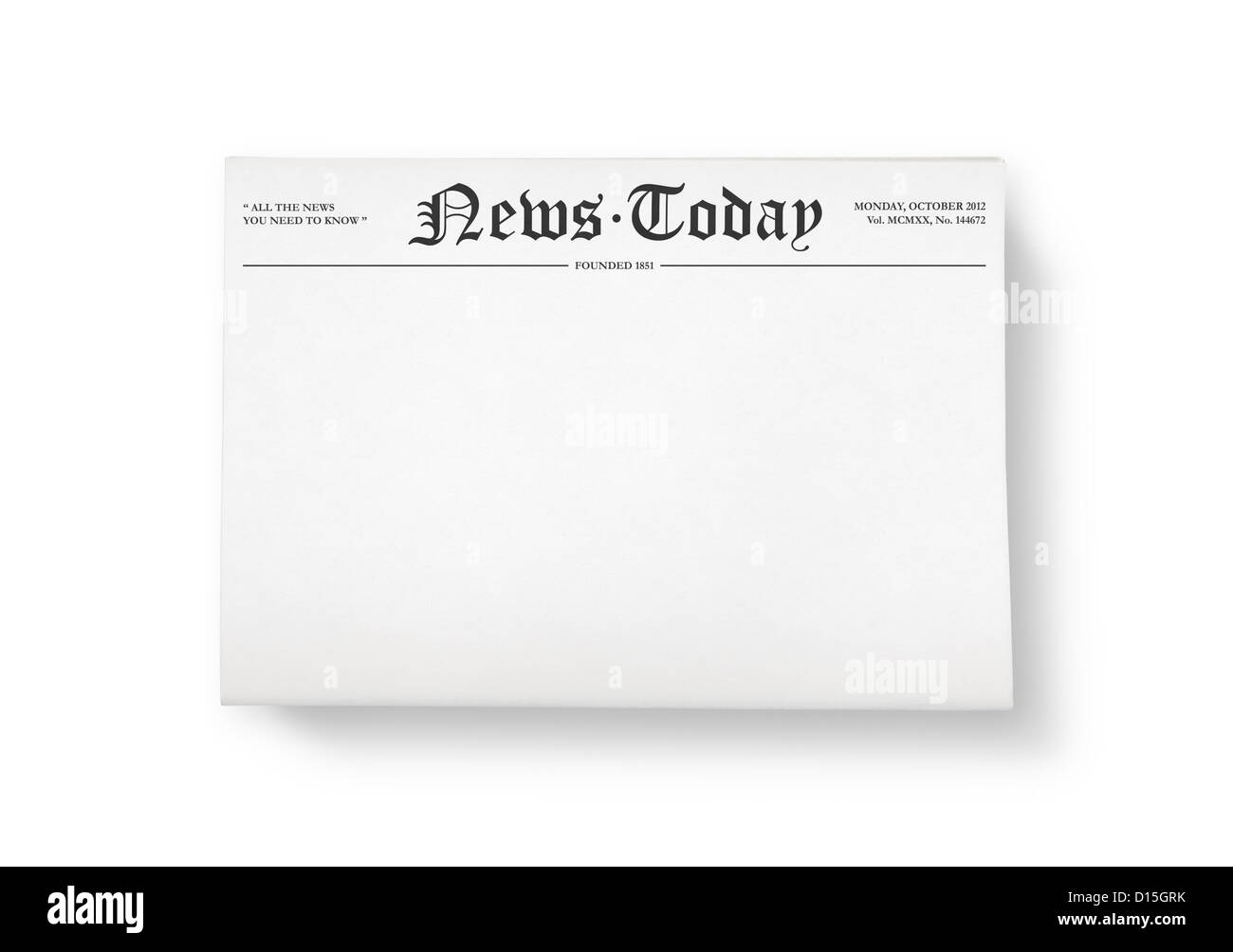 Einen Stapel Zeitungen mit Überschrift "News Today" und leeren Raum für Informationen. Ansicht von oben geschossen. Isoliert auf weiss. Stockfoto