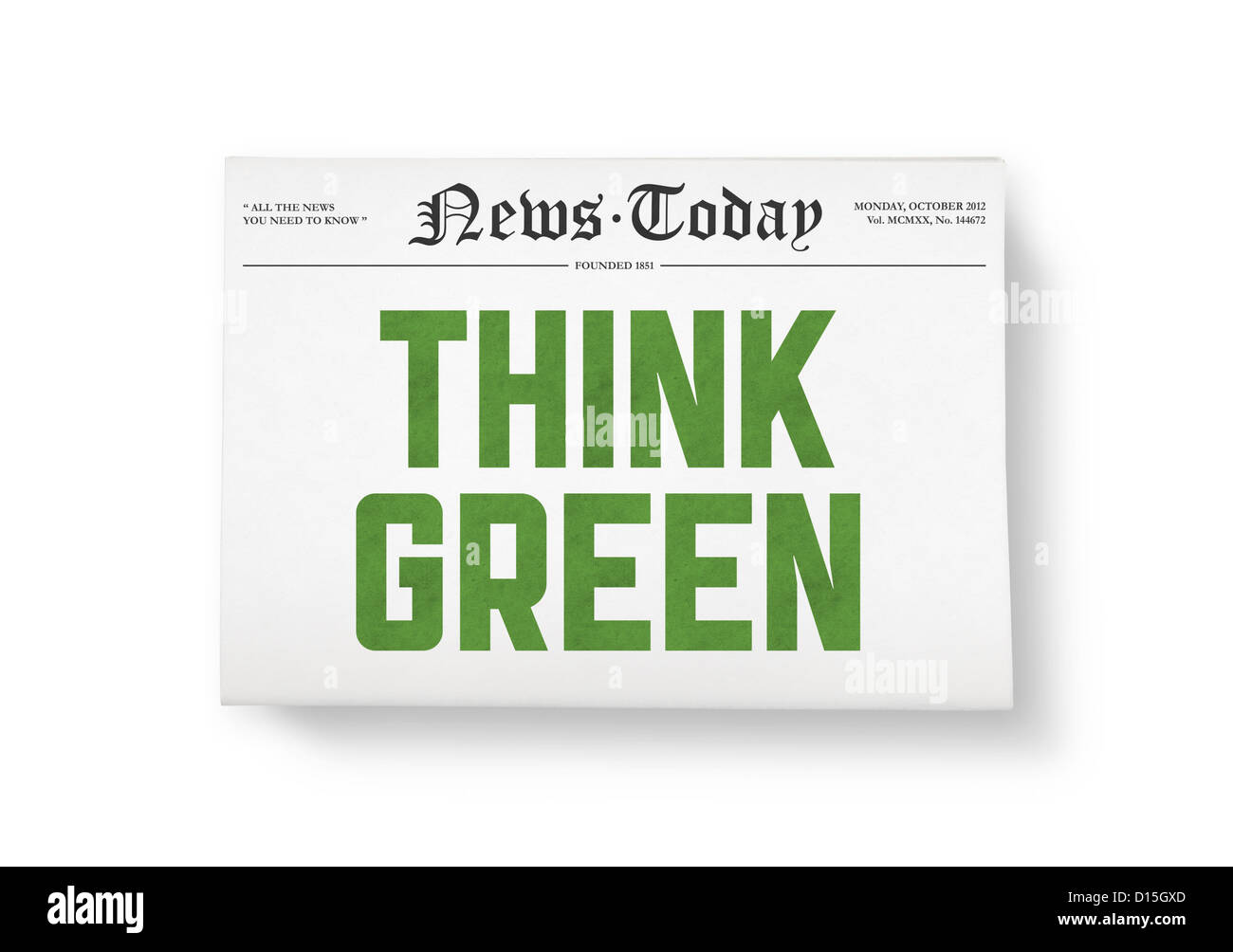 Eine Zeitung mit der Schlagzeile Think"green". Ansicht von oben geschossen. Isoliert auf weiss. Stockfoto