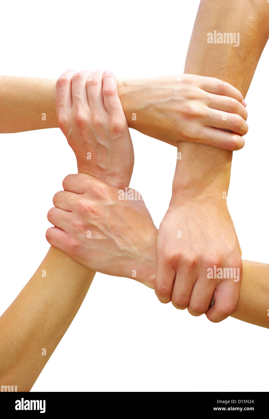 Verknüpfte Hände auf einem weißen Hintergrund als Symbol für Zusammenarbeit und Freundschaft Stockfoto