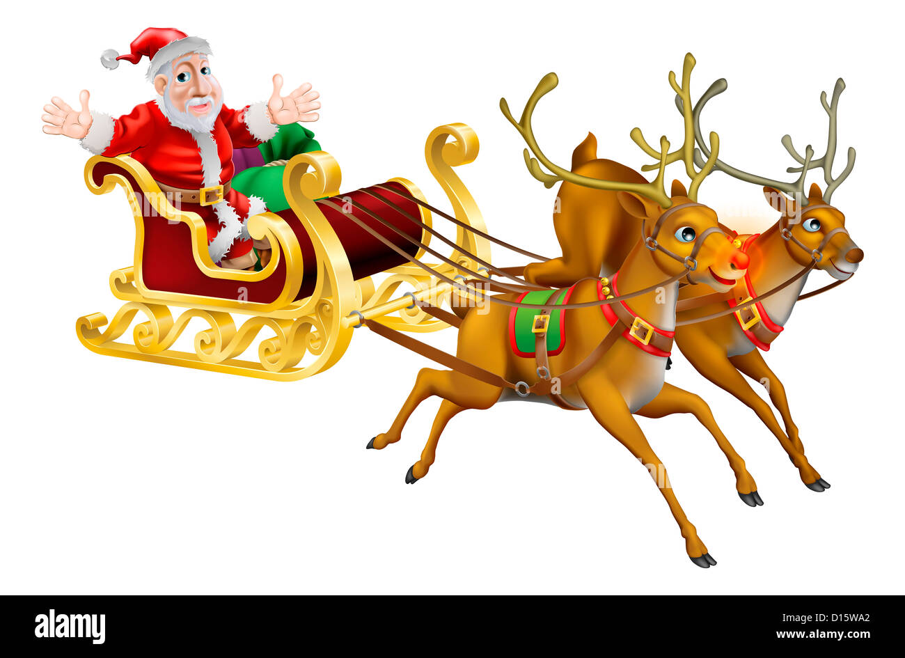 Abbildung von Santa Claus in seinem Weihnachten Schlitten gezogen durch rote Nase Rentier Stockfoto
