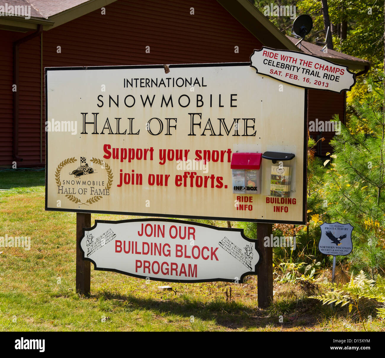 Anmeldung für die internationalen Schneemobil Hall Of Fame in das Northwoods St. Germain, Wisconsin Stockfoto