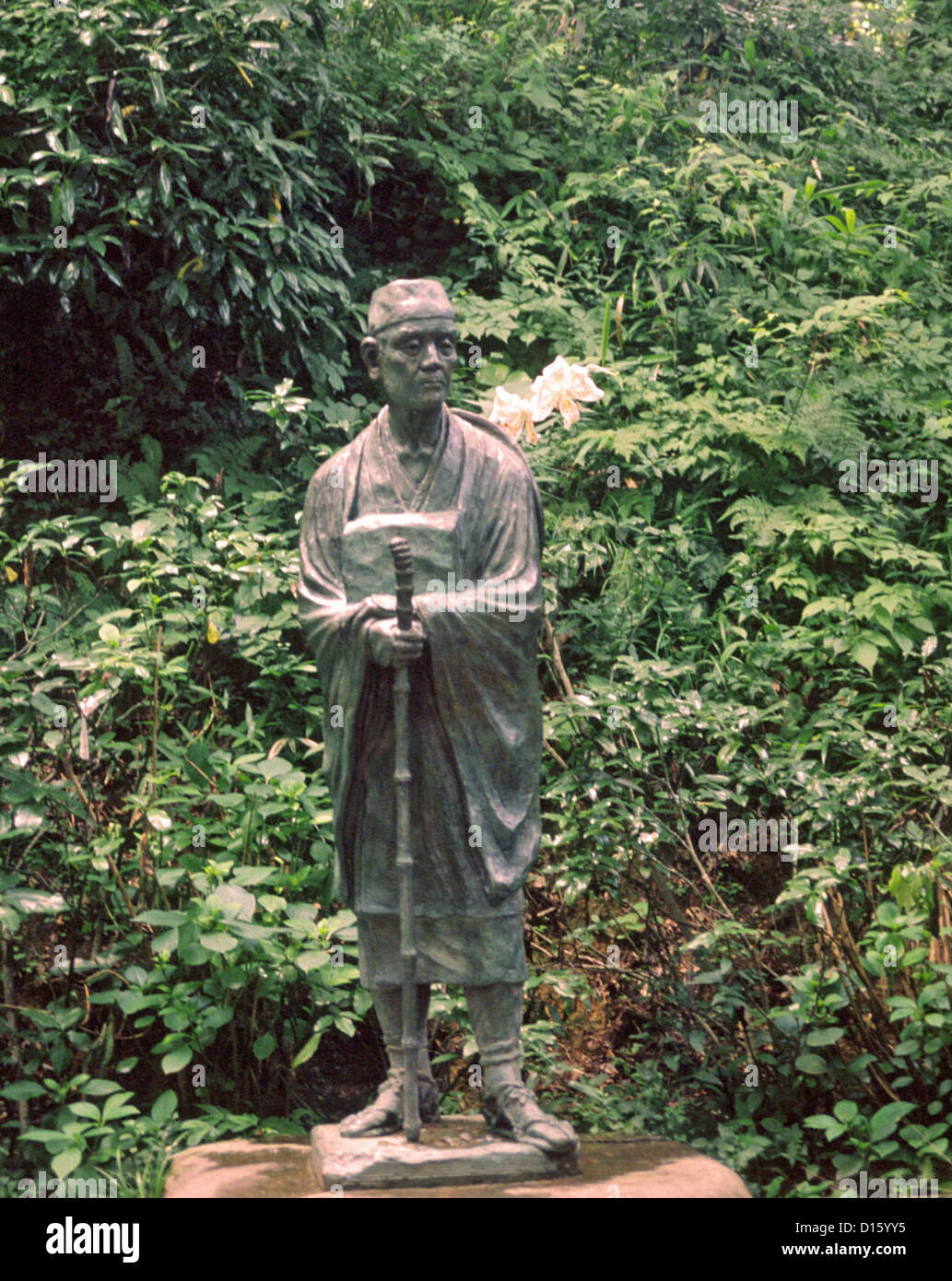 Statue von Matsuo Basho, Chusonji, Hiraizumi, Präfektur Iwate, Japan. Stockfoto