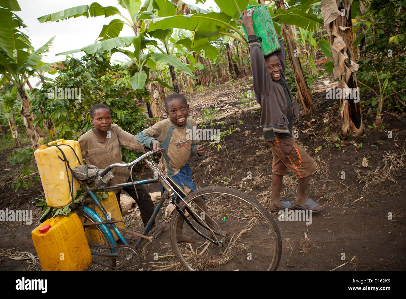 Jungen holen Wasser in Kasese, Uganda, Ostafrika. Stockfoto