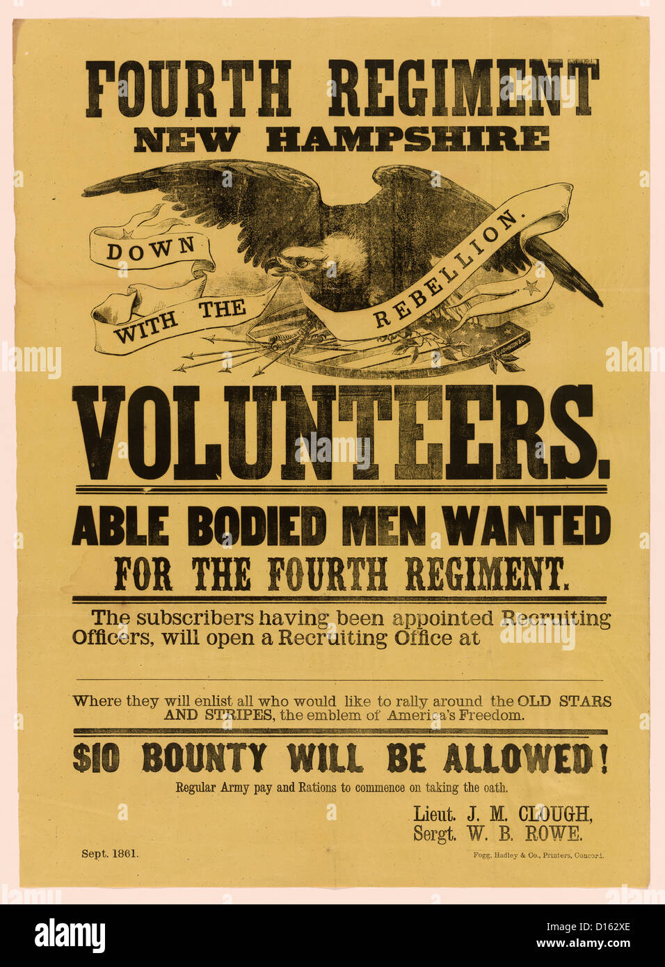 Vierte New Hampshire Regiment Freiwilligen - Recruitment Poster USA Bürgerkrieg, 1861 Stockfoto