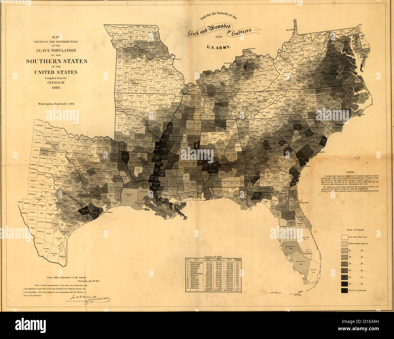 Verteilung der Sklaverei in den Südstaaten nach 1860 USA Volkszählung Stockfoto