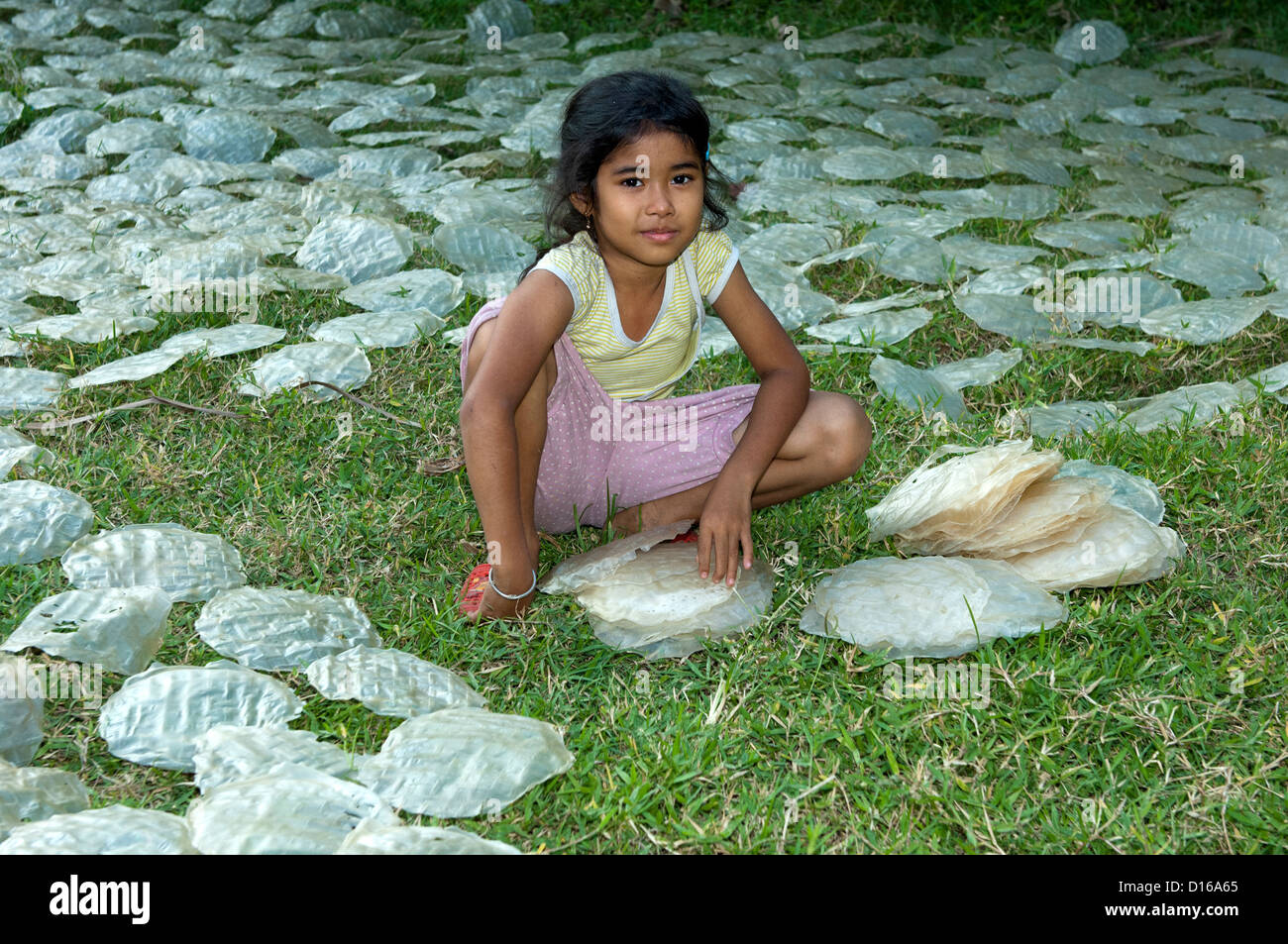 Khmer Mädchen sitzen inmitten Trocknung Reispapier für Frühlingsrollen auf einer Wiese, Battambang, Kambodscha Stockfoto