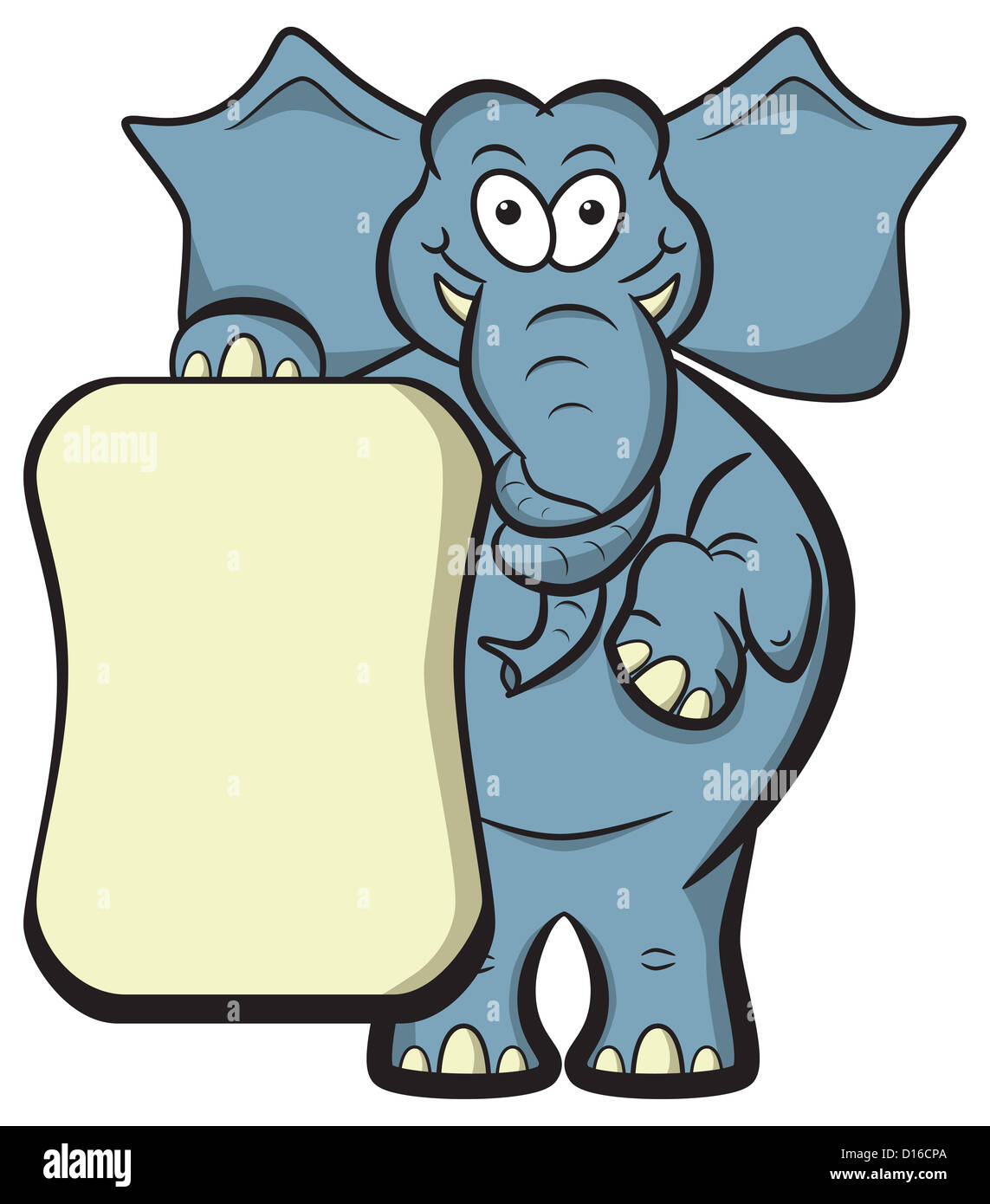 Cartoon Elefant mit einem verknoteten Stamm, mit leeren Plakat für textfreiraum Gedächtnis auf die Sprünge. Stockfoto