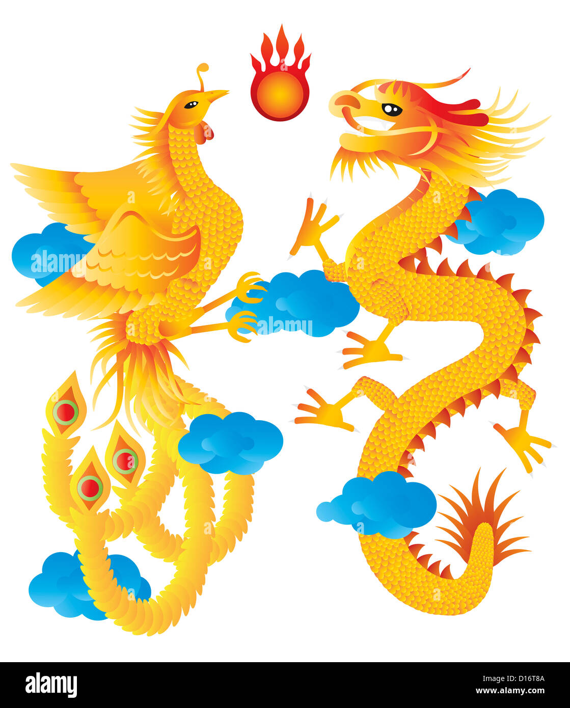 Drache und Phoenix Symbole für chinesische Hochzeit mit flammenden Ball blau Wolken Illustration, Isolated on White Background Stockfoto