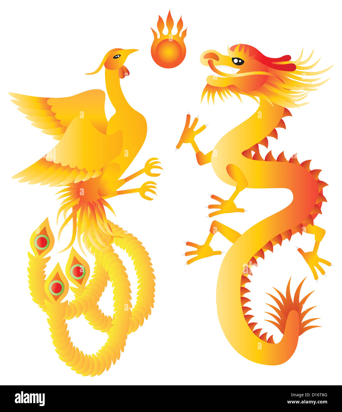 Drache und Phoenix Symbole für chinesische Hochzeit mit flammenden Ball-Illustration, Isolated on White Background Stockfoto