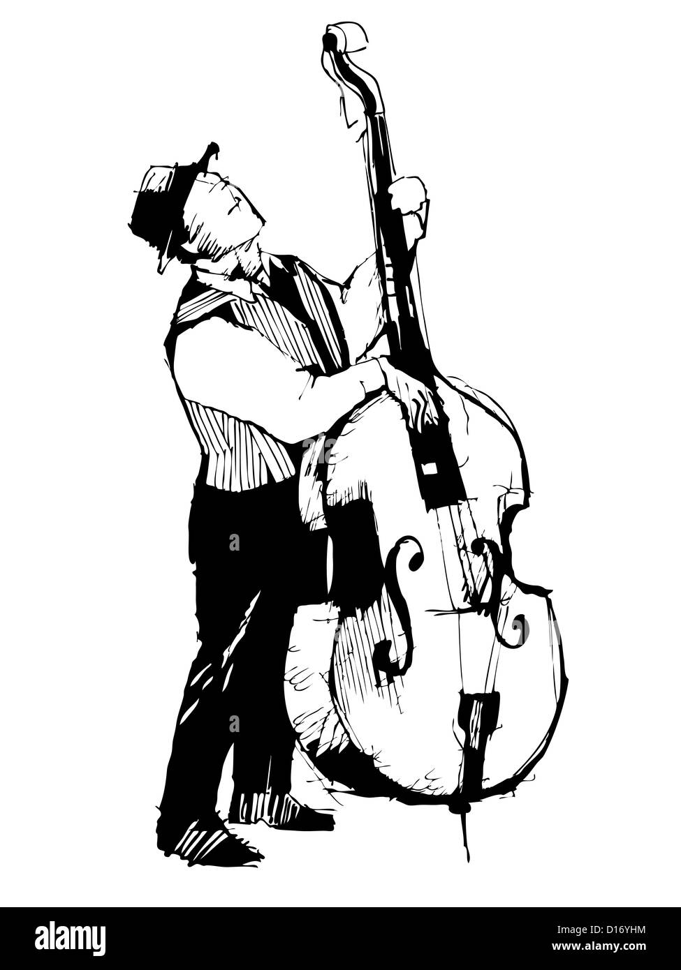 schwarze und weiße Skizze eines Musikers auf der Bass-Gamben Stockfoto