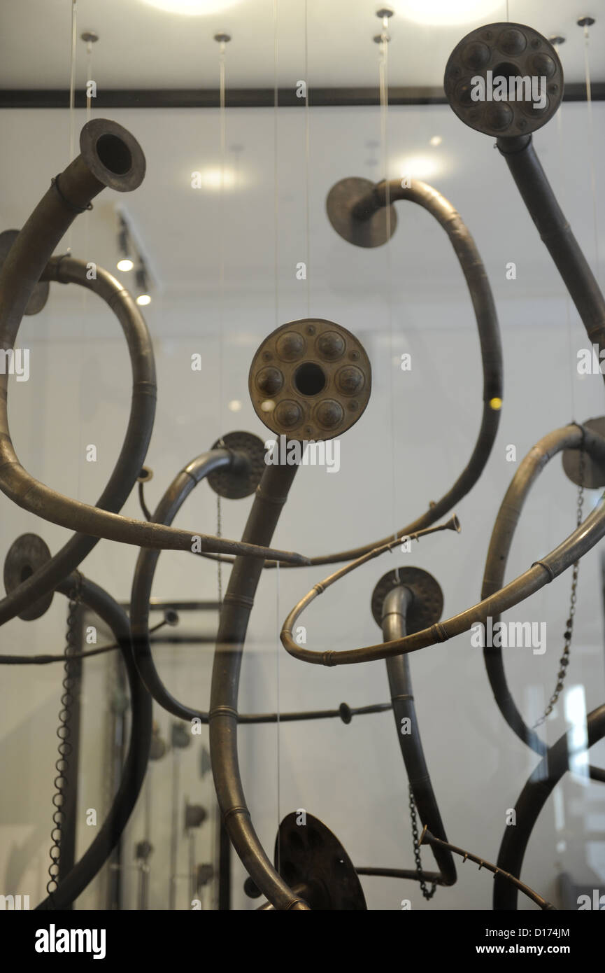 Metal Age. Luren. Die Lur Hörner sind Nordic Blasinstrumente. 1200-700 V. CHR.. Dänisches Nationalmuseum. Copenhaguen. Stockfoto