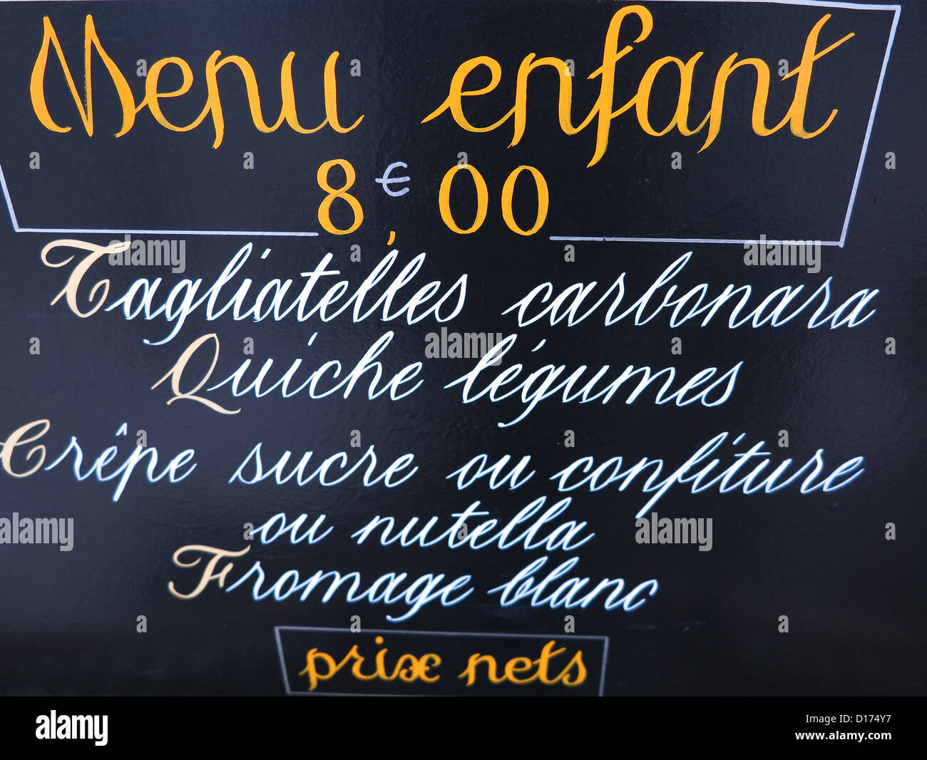 Kinder Menü im französischen restaurant Stockfoto