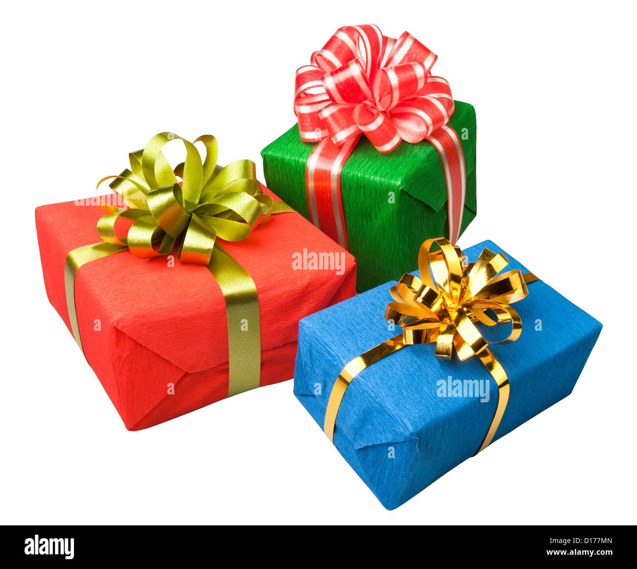 Geschenke-Boxen präsentiert bunte auf weißem Hintergrund Stockfoto