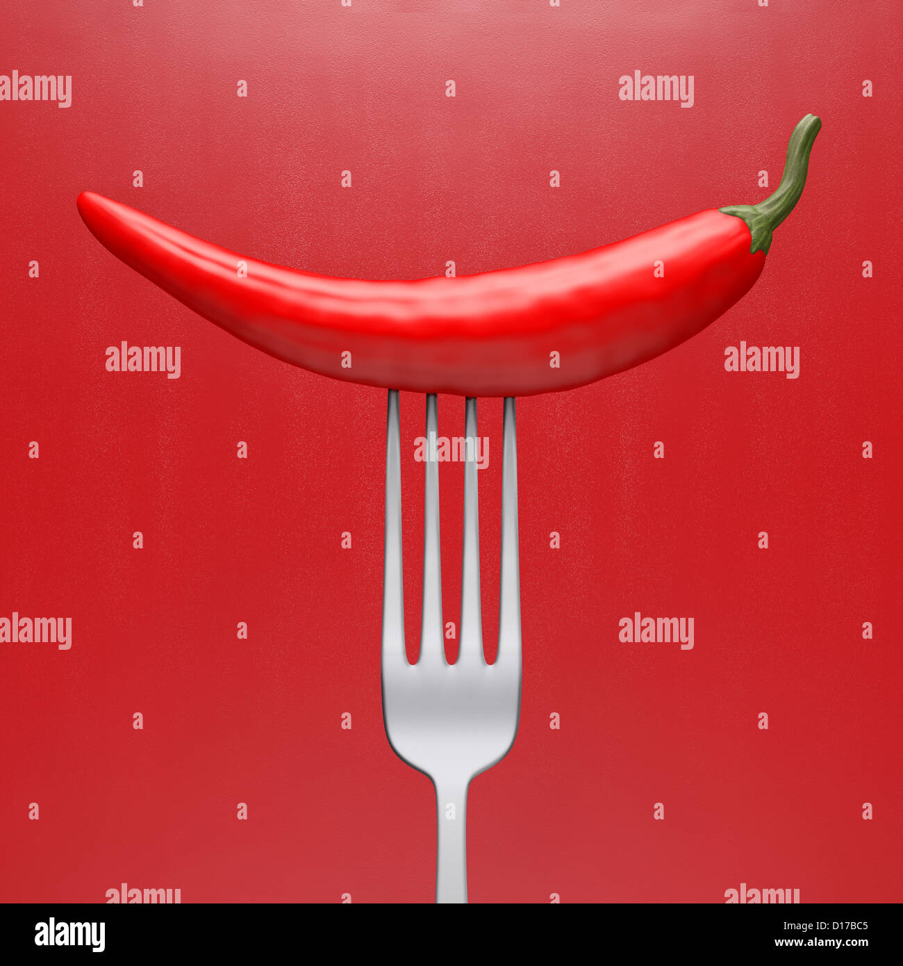 Chili-Pfeffer auf die Gabel in rot strukturierten Hintergrund fest. Stockfoto