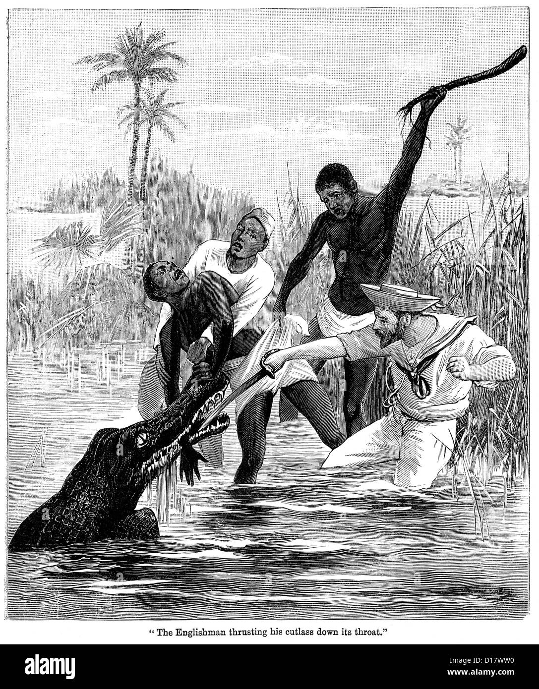 Viktorianische Gravur eines Krokodils Angriff auf eine Gruppe von Männern, 1897 Stockfoto