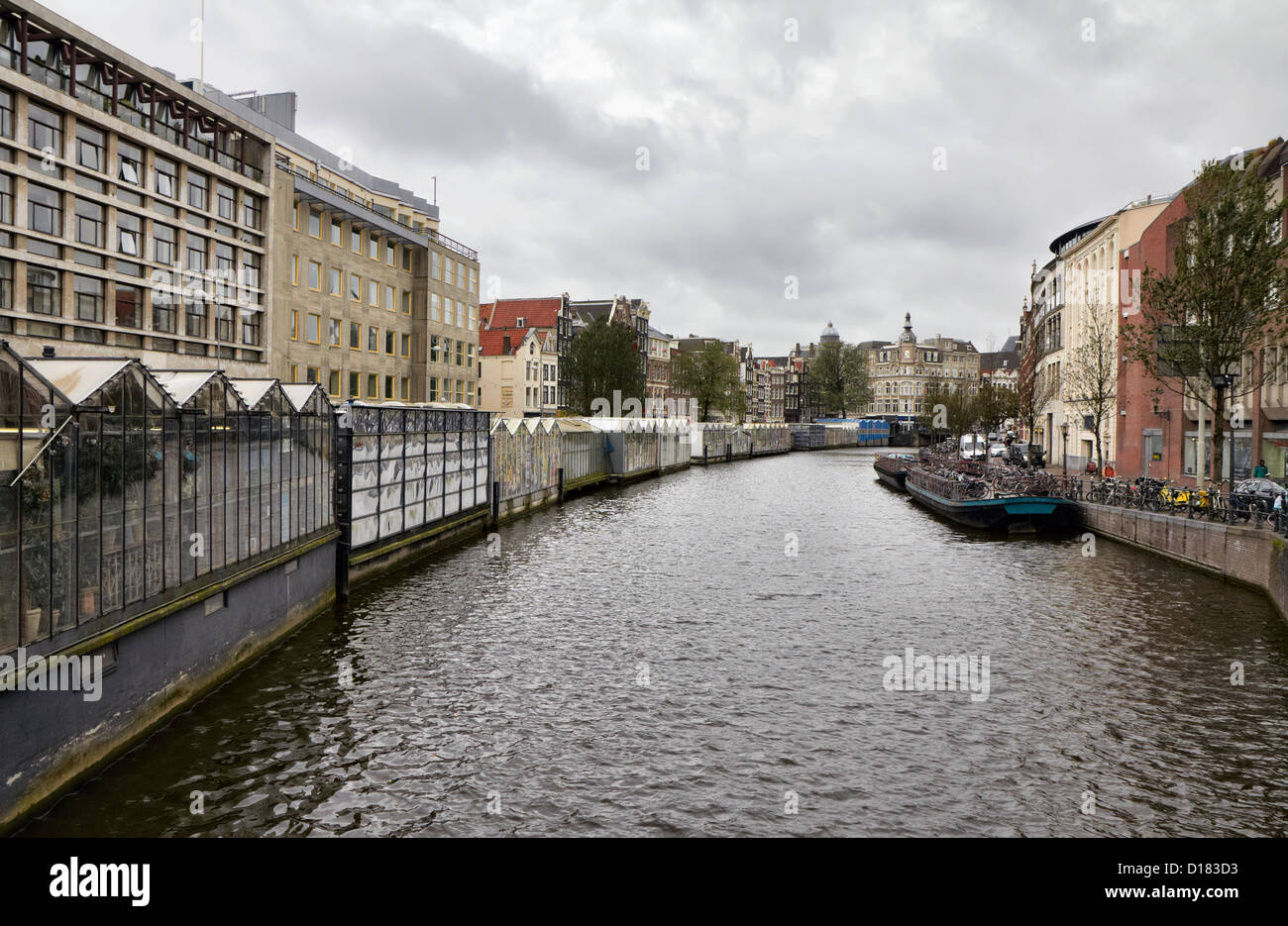 Holland, Amsterdam, Blick auf die Blumen Markt Glas Geschäften und einen Wasserkanal Stockfoto